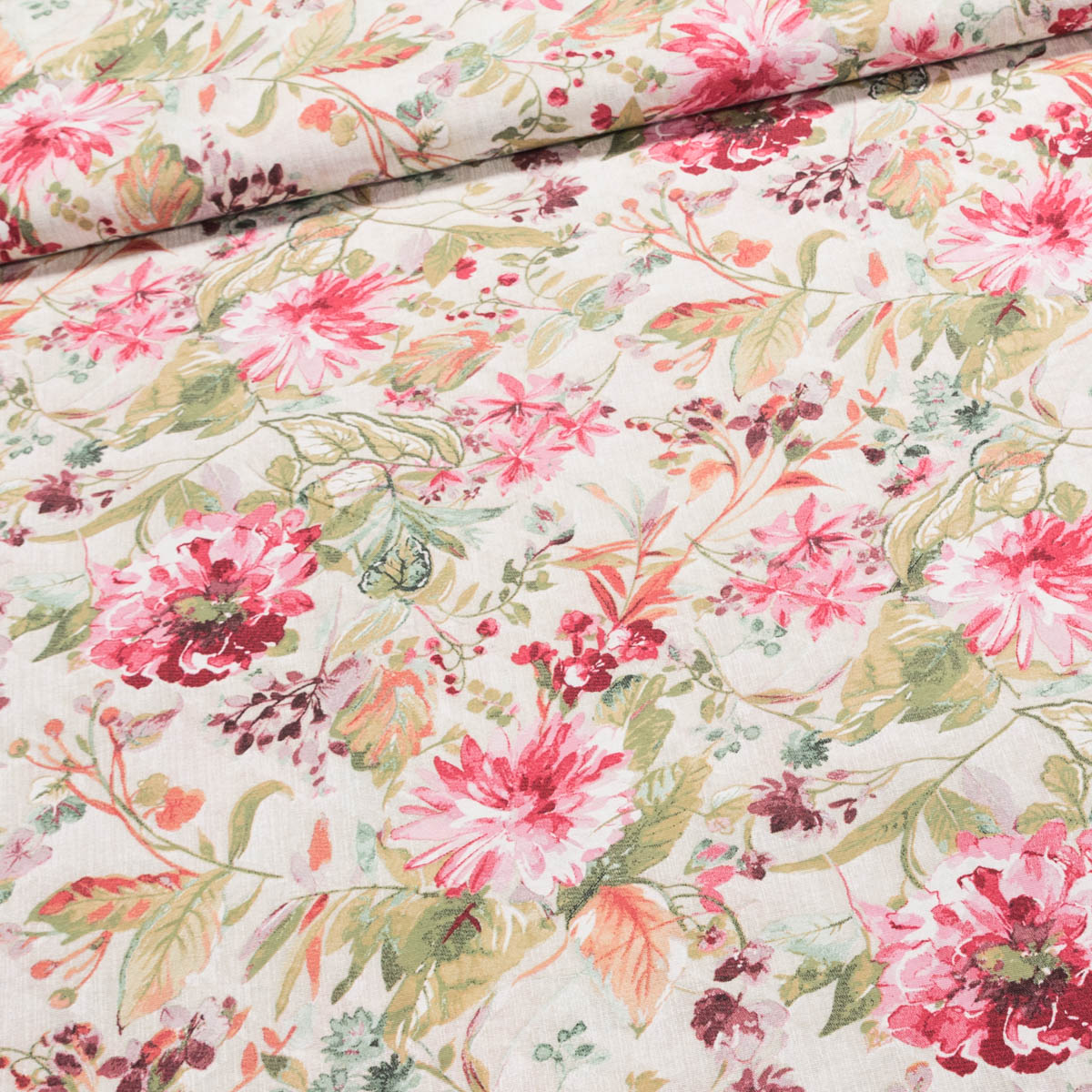 Směsové plátno GIULIANA, růžové květy, š.140cm (látka v metráži)