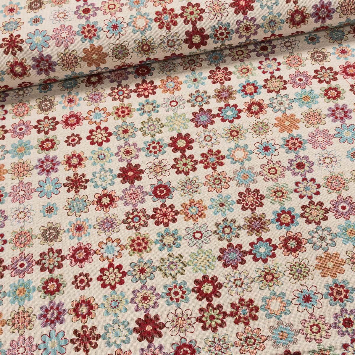 Směsové plátno (gobelín) JACQUARD SUZY barevné květinky na režné, š.140cm (látka v metráži)