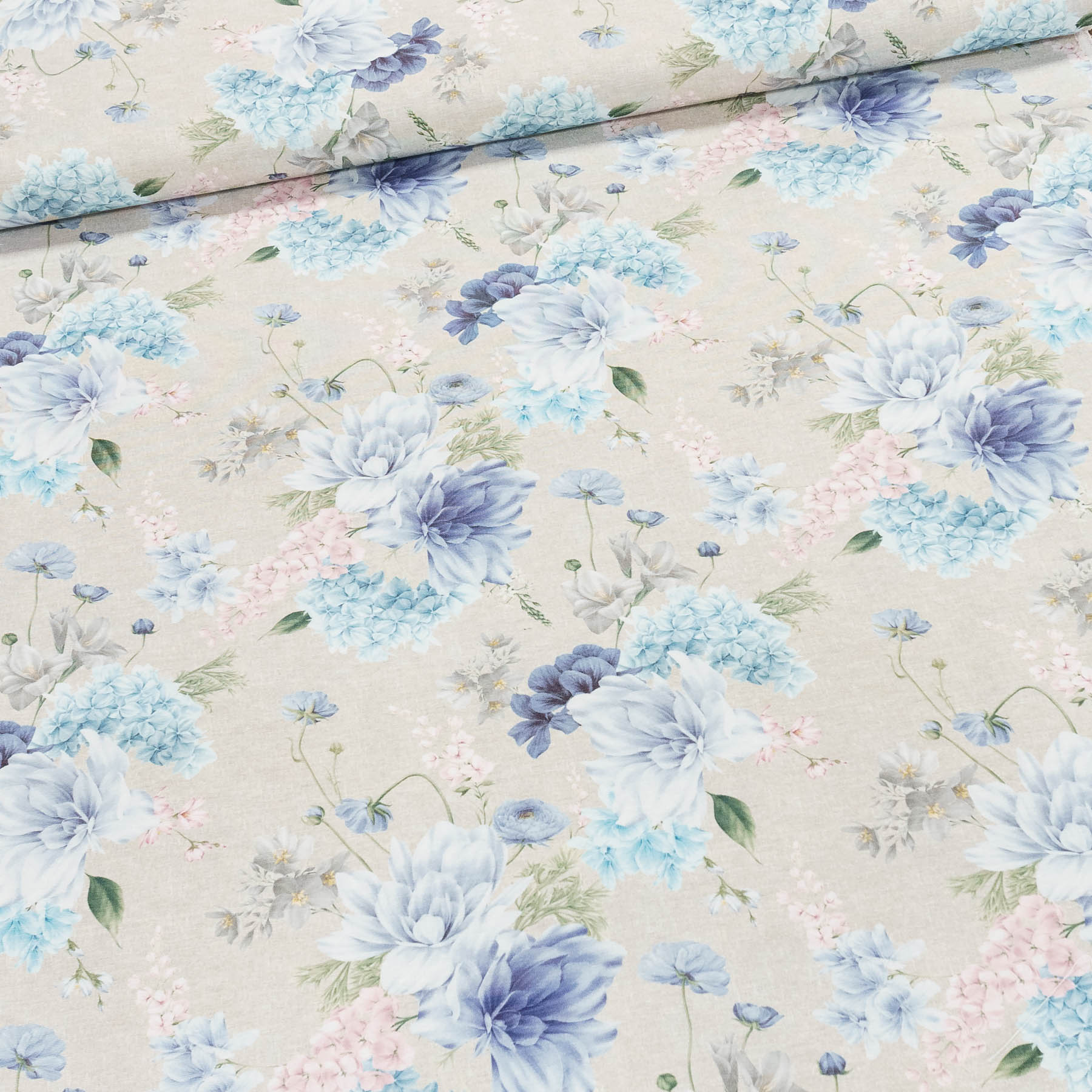 Směsové plátno HORTENZIE MODRÁ DIGITÁLNÍ TISK, modré květy, š.140cm (látka v metráži)