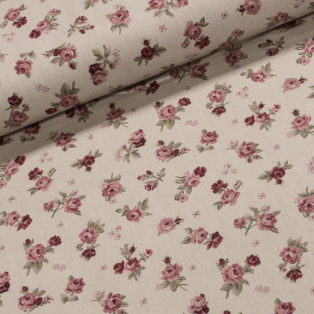Levně Směsové plátno 13689 ROSES ORIG.růžičky na režné, š.140cm (látka v metráži)