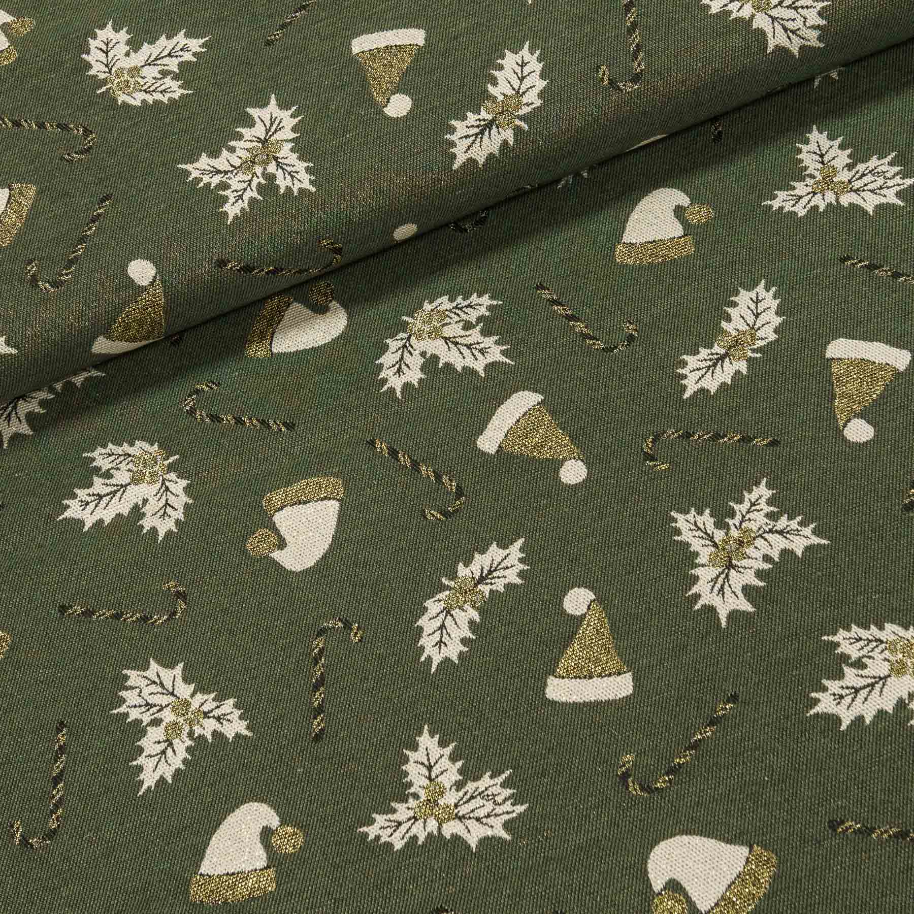 Směsové plátno vánoční AQUINALDO 100 VERDE, vánoce na tmavě šedozelené, š.140cm (látka v metráži)