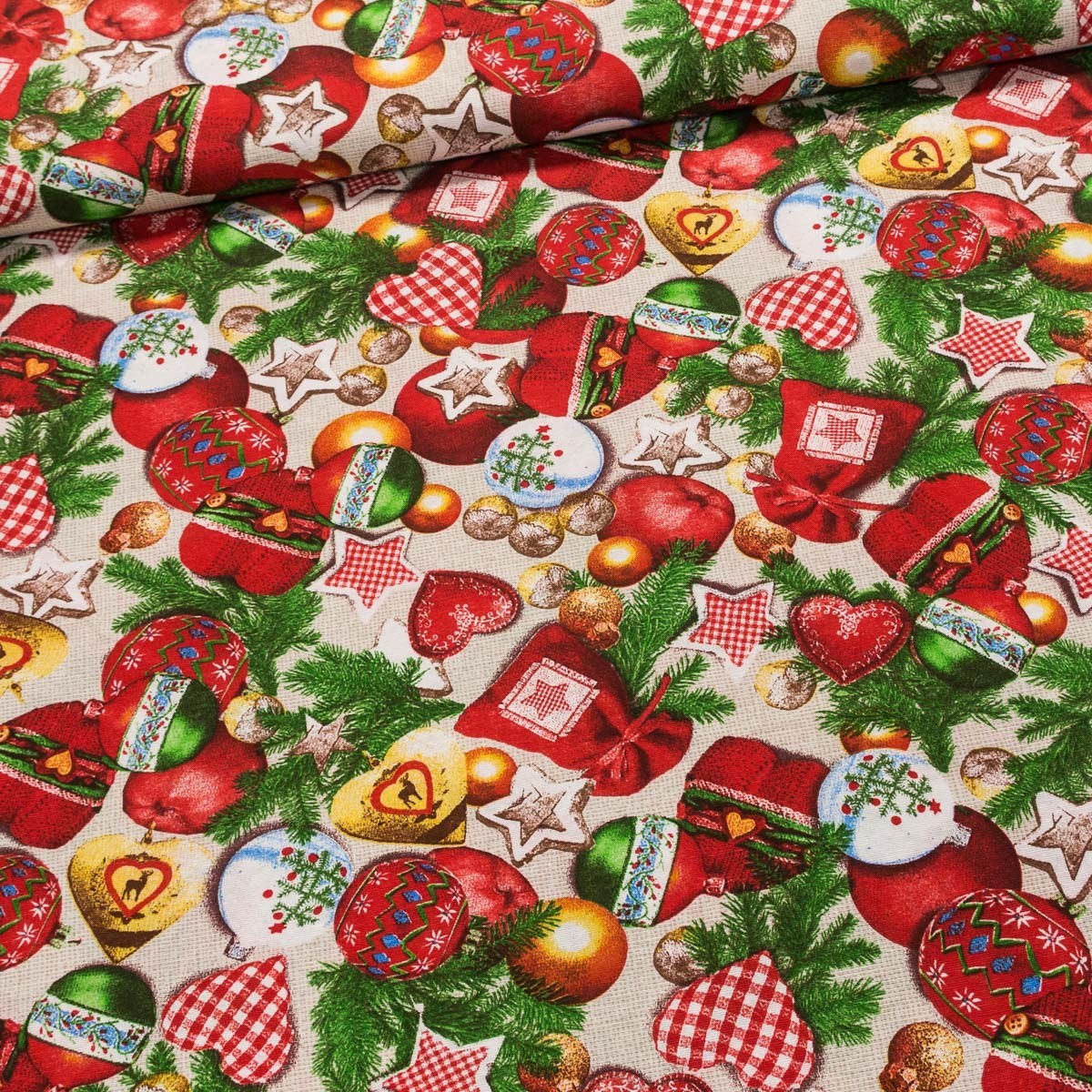 Směsové plátno vánoční CARI vánoční ozdoby s perníčky a jablíčky, červená š.140cm (látka v metráži)