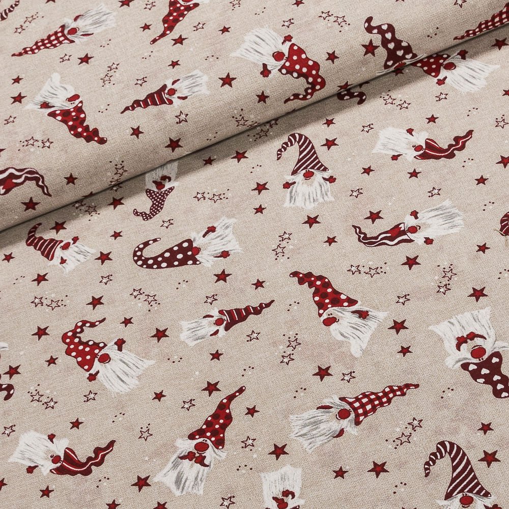 Směsové plátno vánoční GNOMOS ROJO červený skřítek na režné, š.140cm (látka v metráži)