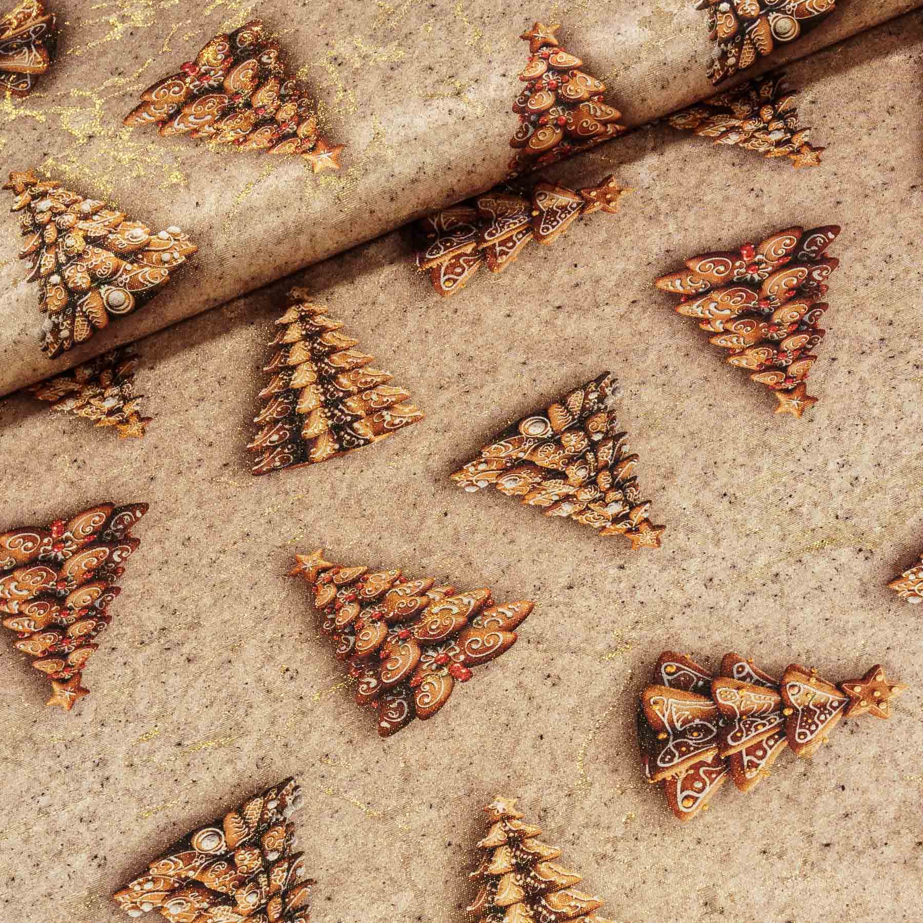 Směsové plátno vánoční GOLD 25262, vánoční stromeček z perníčků, hnědá, š.150cm (látka v metráži)