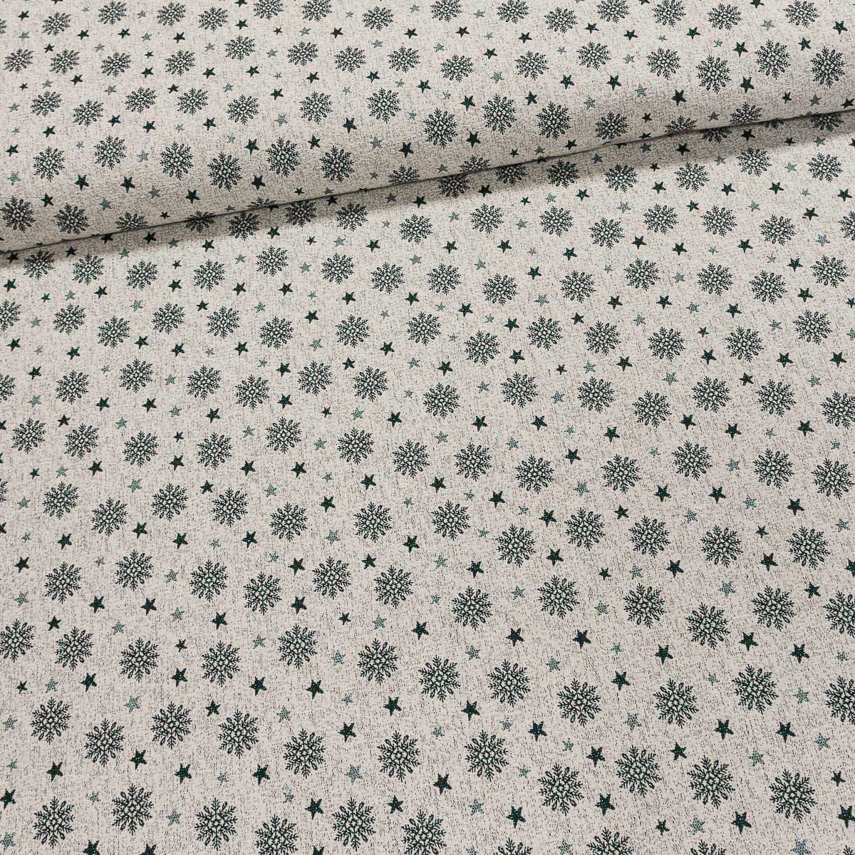 Směsové plátno vánoční LIAN 50 zelené vločky na šedé, lurex, š.160cm (látka v metráži)