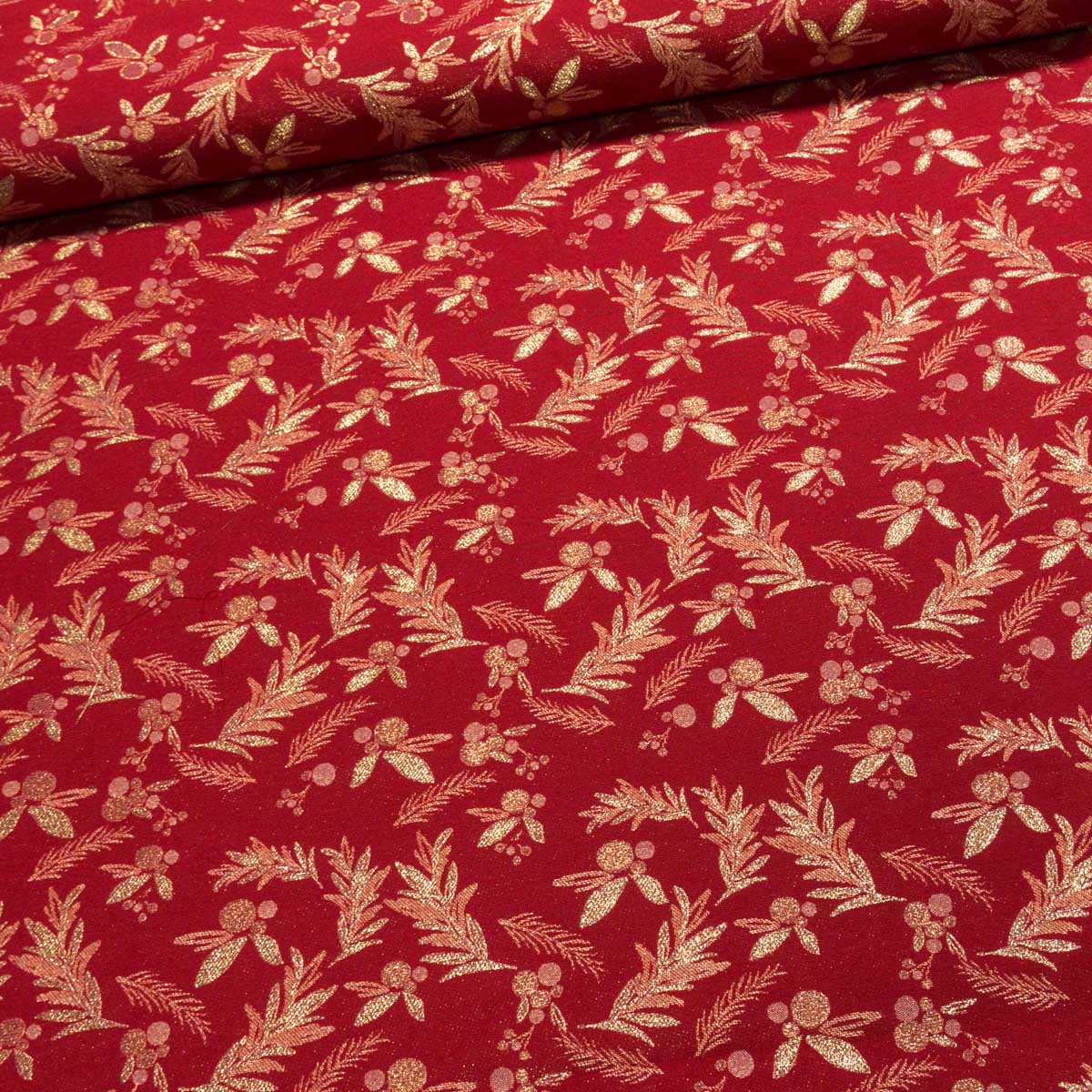Směsové plátno vánoční NATALE 14 ROJO zlaté větvičky na červené, š.140cm (látka v metráži)