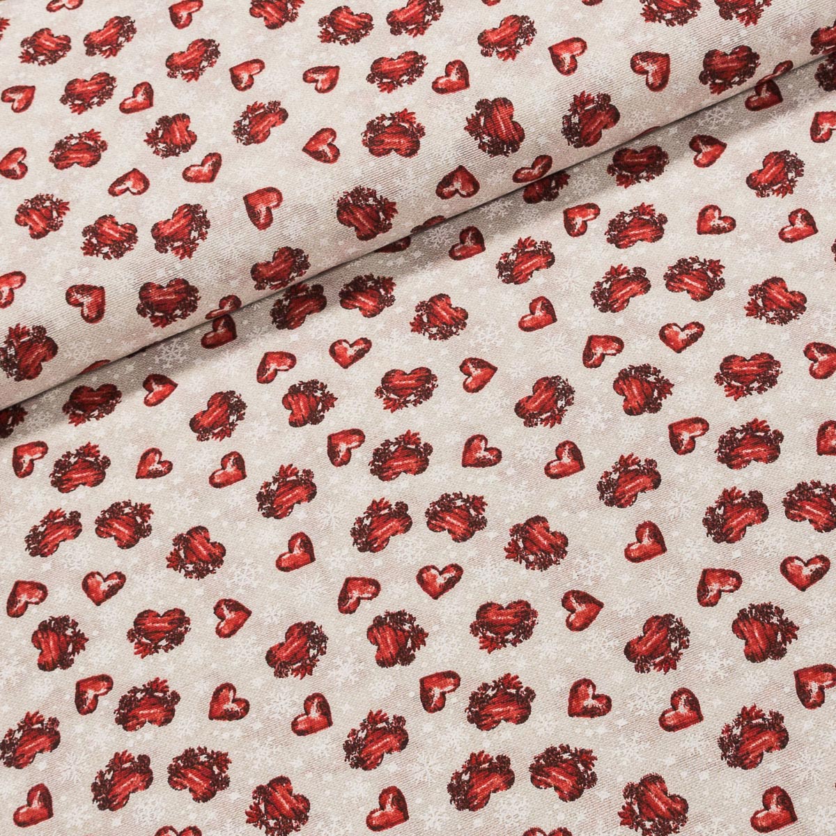 Směsové plátno vánoční VIXEN červená srdíčka na béžové s vločkami, š.140cm (látka v metráži)