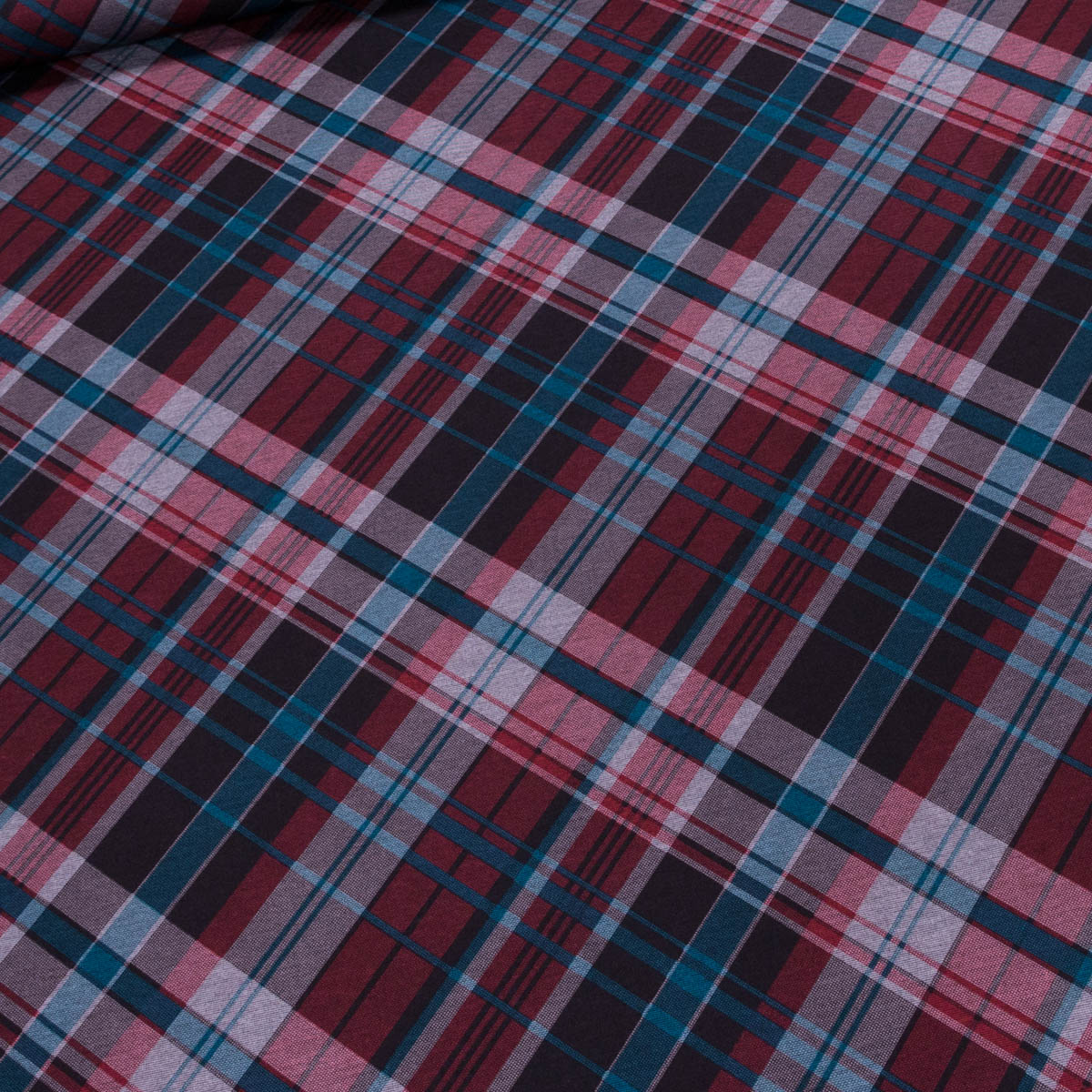 Směsový úplet PUNTO 4596/01, tyrkysovo-červeno-šedé káro, š.140cm (látka v metráži)