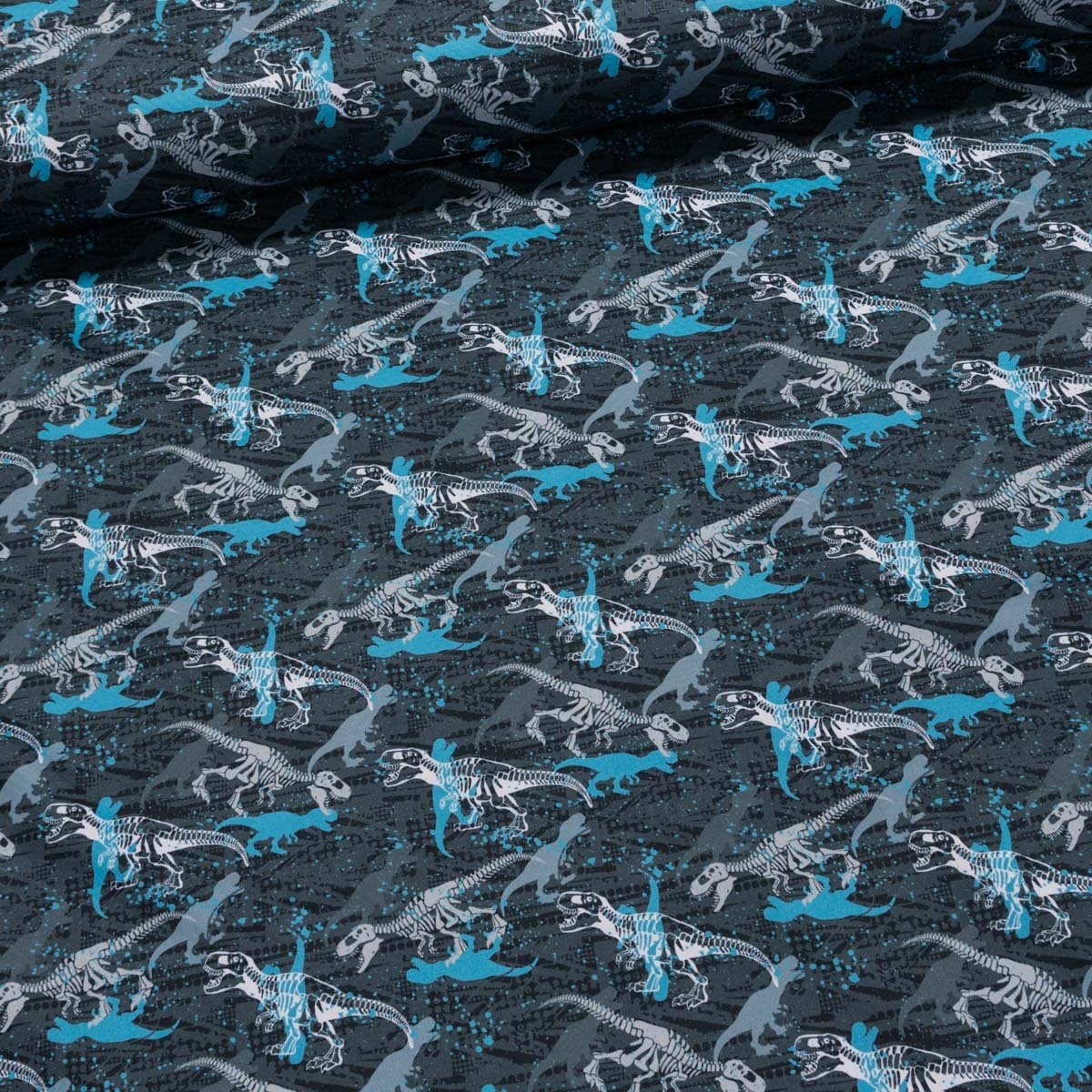 Softshell dětský jarní 7010 1011, modrý dinosaurus na šedé 265g/m2, š.150cm (látka v metráži)