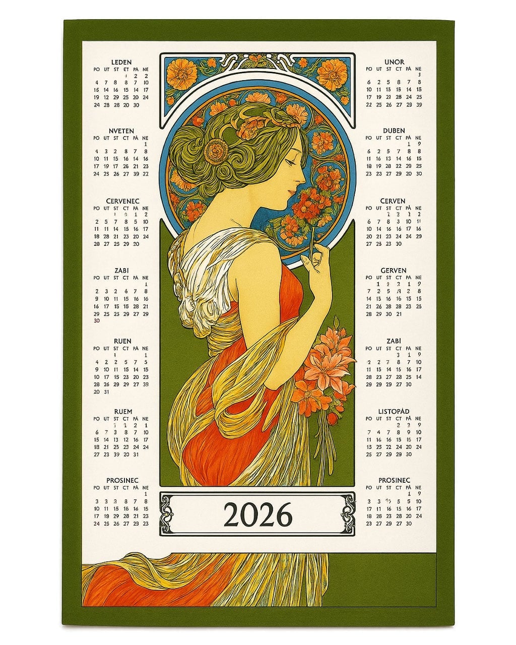 TextilCentrum textilní kalendář, utěrka ALFONS MUCHA 2026, zelený, 45x65cm, bez hůlky
