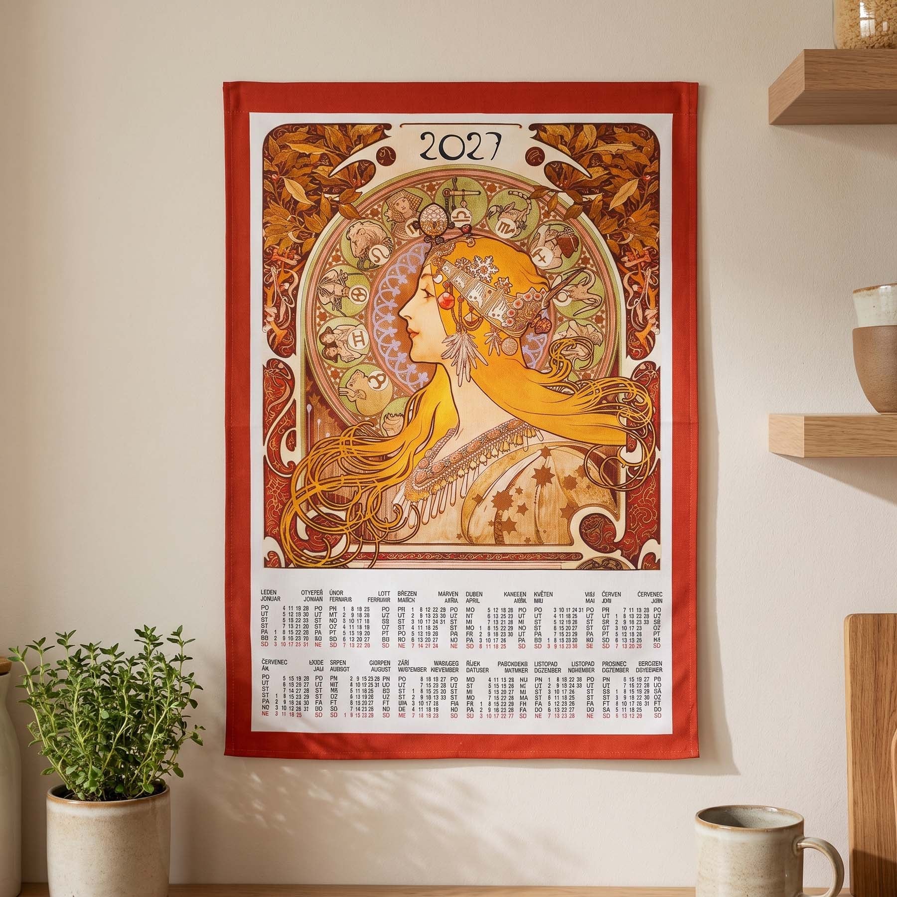 Forbyt Textilní kalendář, utěrka ALFONS MUCHA 2027, oranžová panna, 45x65cm, bez hůlky