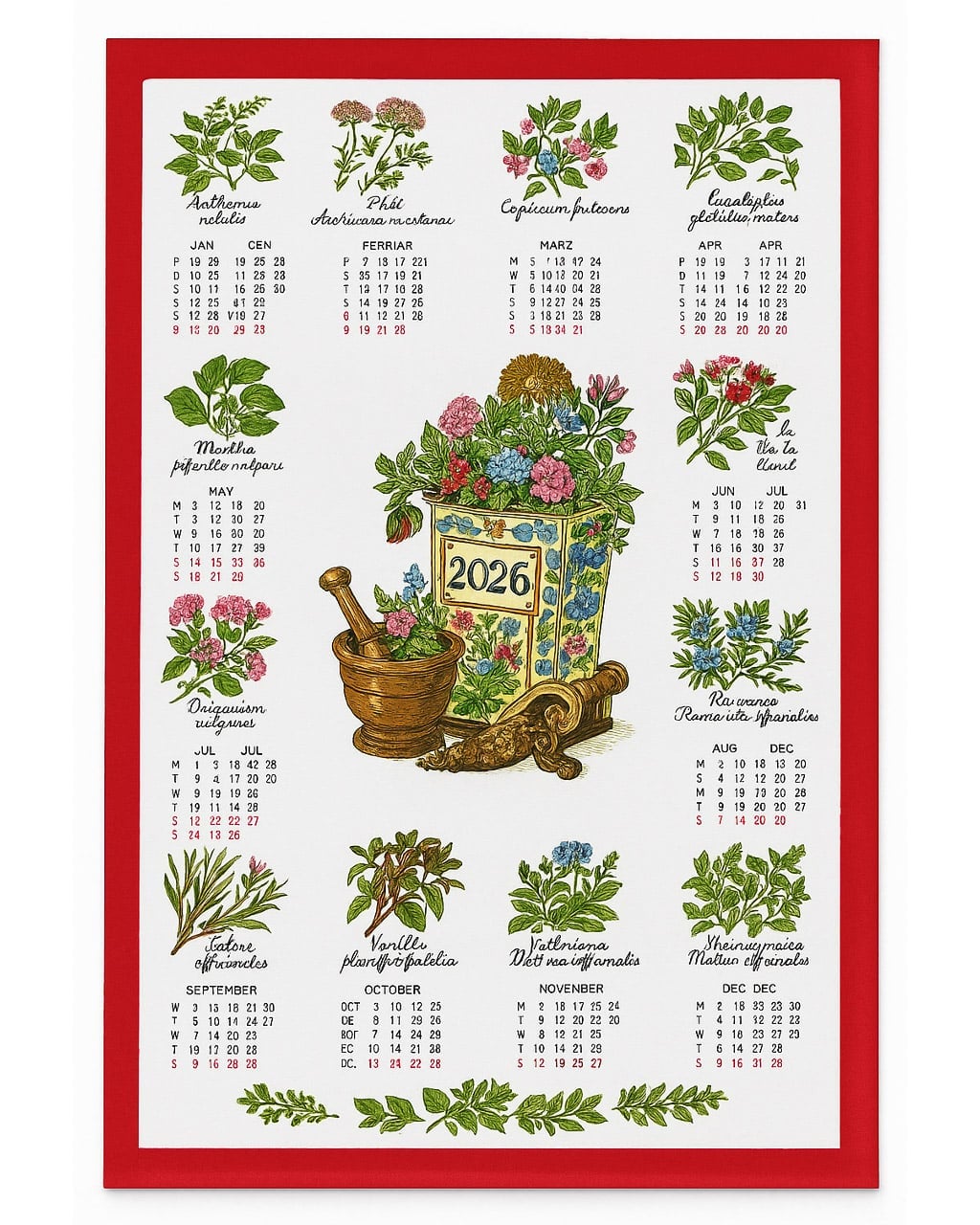 TextilCentrum textilní kalendář, utěrka BYLINKY 2026, červený, 45x65cm, bez hůlky