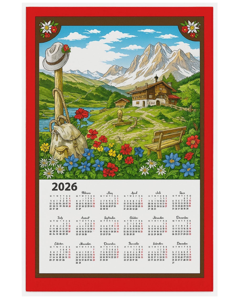 TextilCentrum textilní kalendář, utěrka HORAL 2026, červený, 45x65cm, bez hůlky
