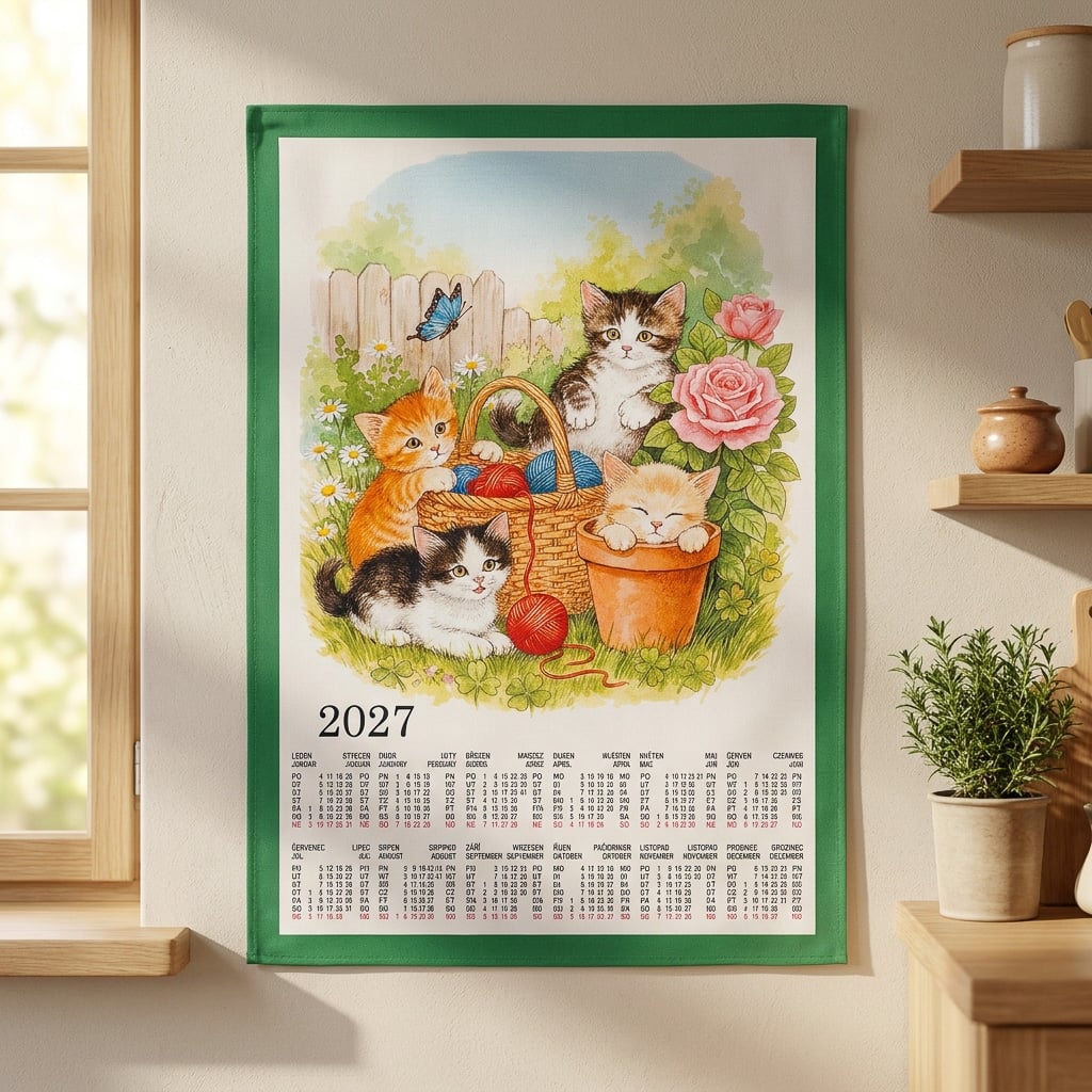 Forbyt Textilní kalendář, utěrka KOČIČÍ RADOST 2027, zelená, 45x65cm, bez hůlky