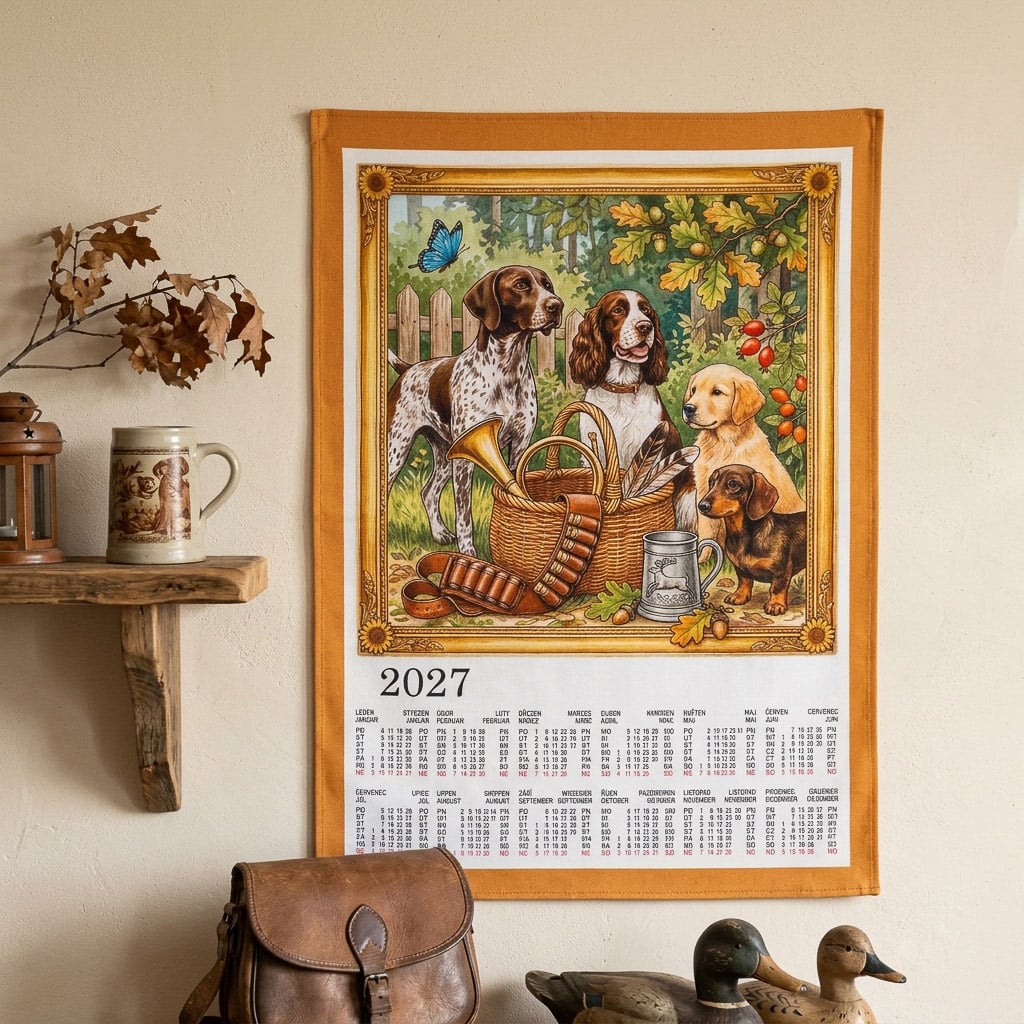 Forbyt Textilní kalendář, utěrka LOVECKÁ SEZÓNA 2027, myslivecký, okrový lem, 45x65cm, bez hůlky