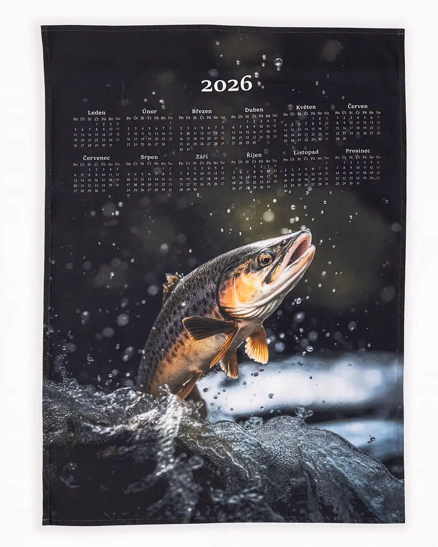 Matějovský Textilní kalendář, utěrka PSTRUH 2026, šedo-zelený, 50x70cm, bez hůlky