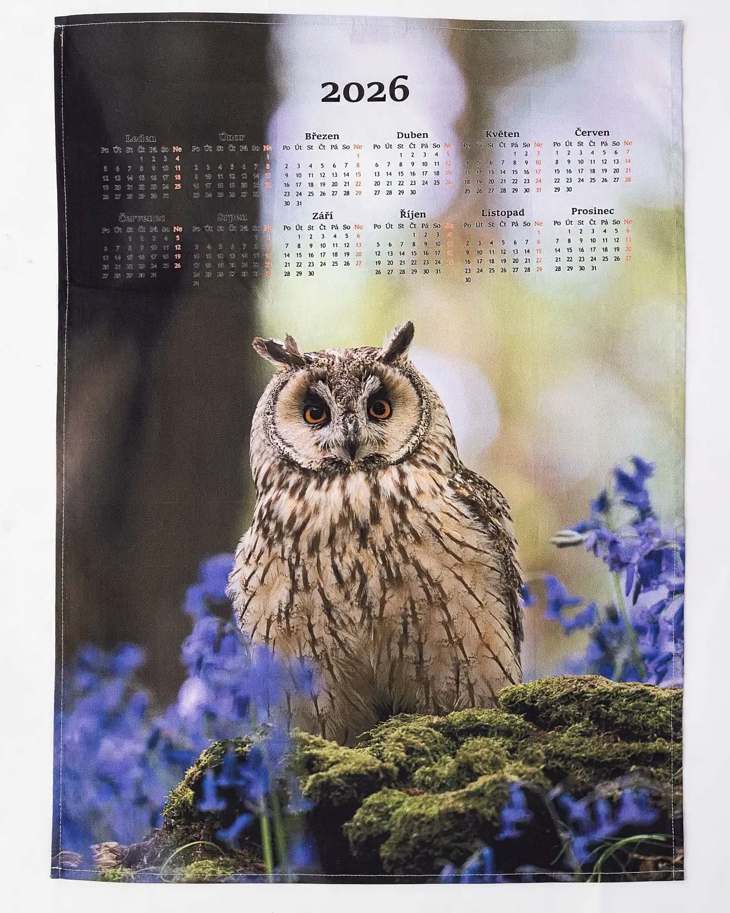 Matějovský Textilní kalendář, utěrka SOVA 2026, hnědý, 50x70cm, bez hůlky