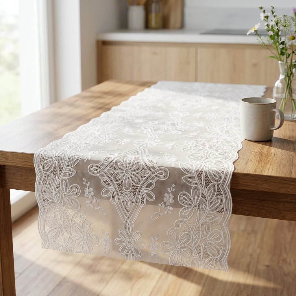 Levně Euromat Ubrus PVC / BĚHOUN LA-0369U, štola, krajka květy bílá, š.50cm (metráž)