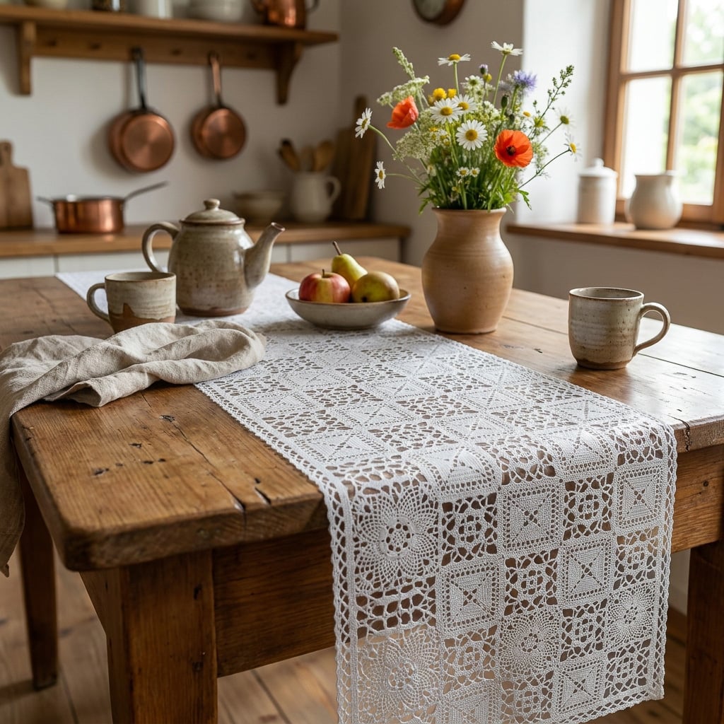 Levně Euromat Ubrus PVC / BĚHOUN LA-0585U, štola, krajka ornamenty bílá, š.50cm (metráž)
