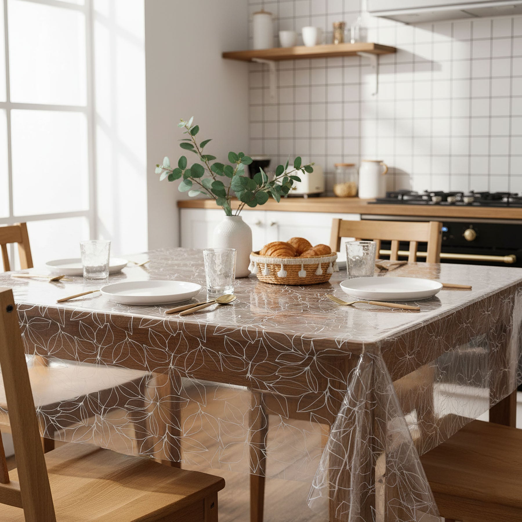 Kristal ubrus PVC průhledný A42/07, bílé listy, š.140cm (metráž)