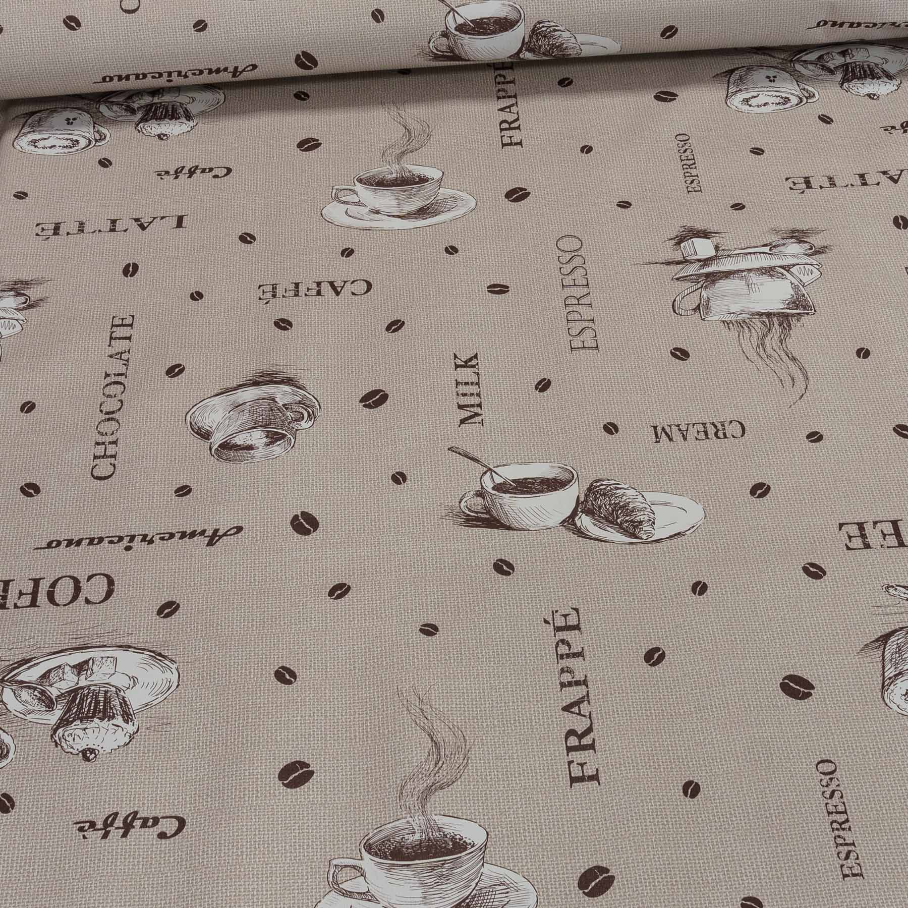 Ubrus PVC s textilním podkladem c FANTASTIK, káva na béžové pytlovině, š.140cm (metráž)