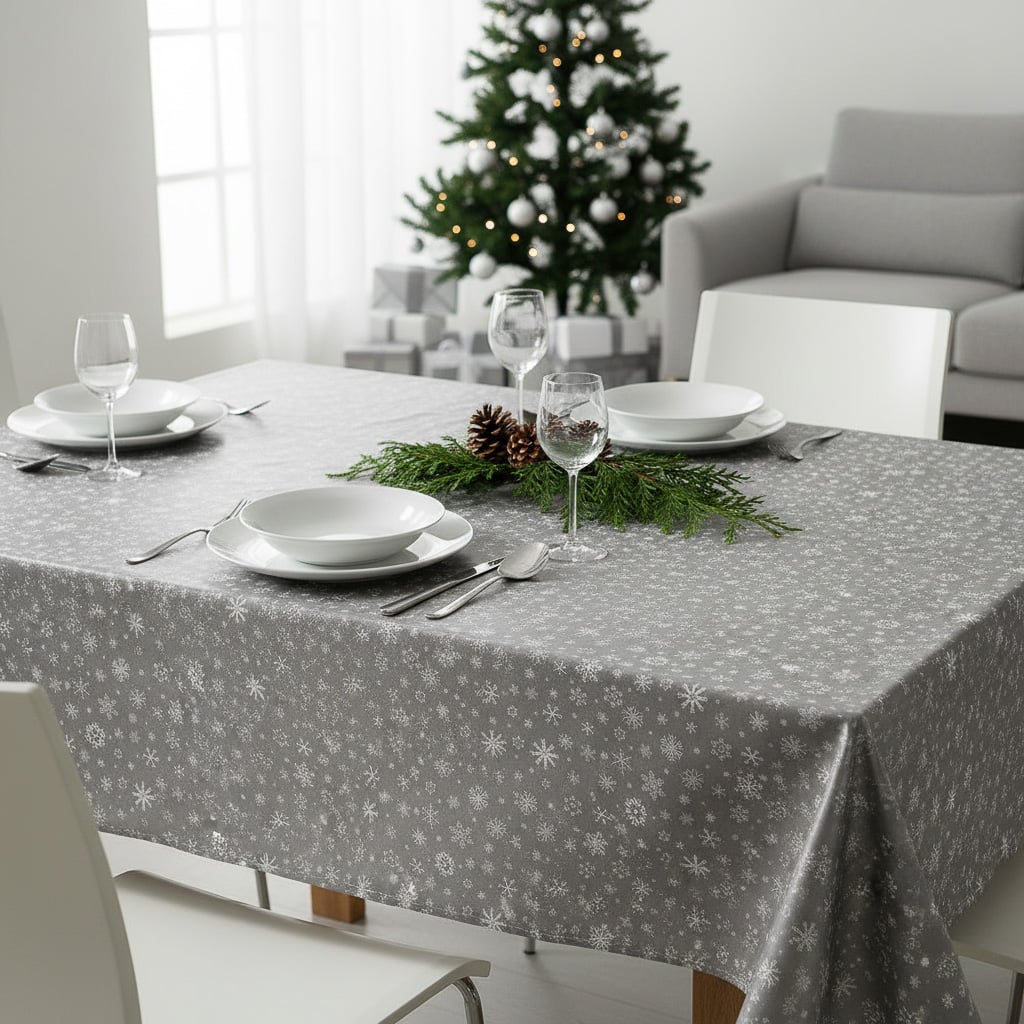 RexDeco Ubrus PVC s textilním podkladem 1096/2 vánoční, bílé vločky na stříbrné, š.140cm (metráž)