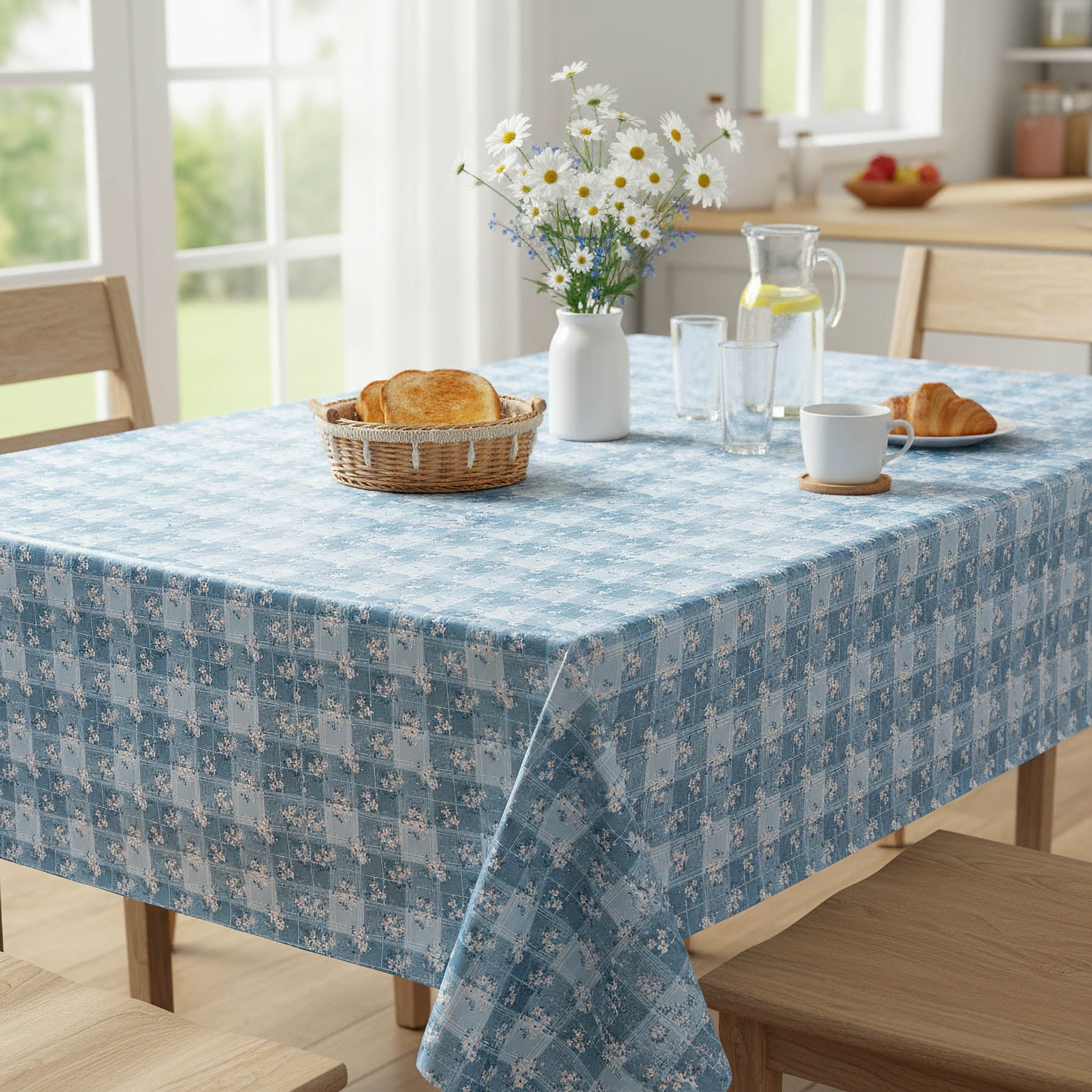 Levně Ubrus PVC s textilním podkladem 1217-4, luční kvítí, káro modré, š.140cm (metráž)