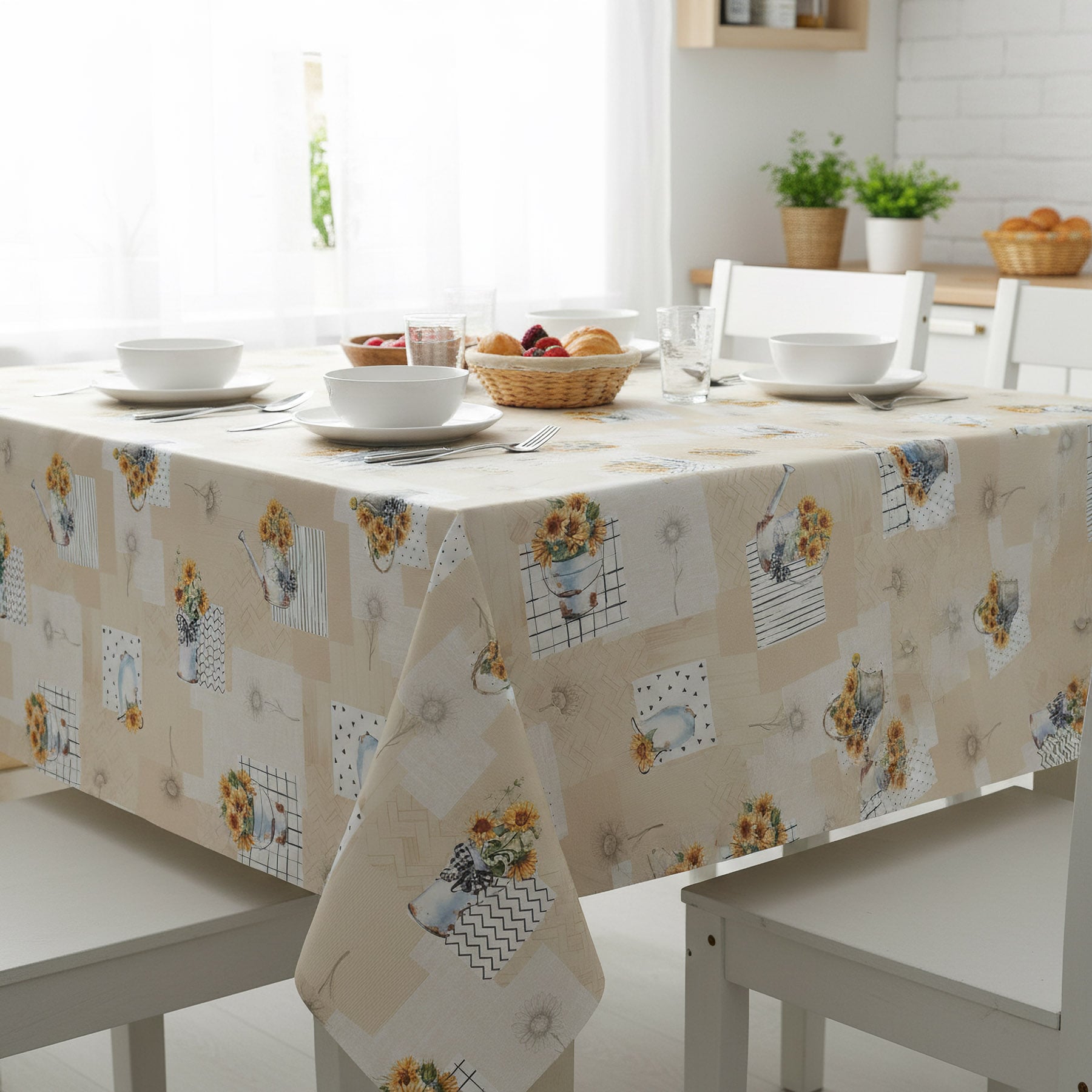 Levně Ubrus PVC s textilním podkladem 1247-1, slunečnice v konvičce, béžová, š.140cm (metráž)