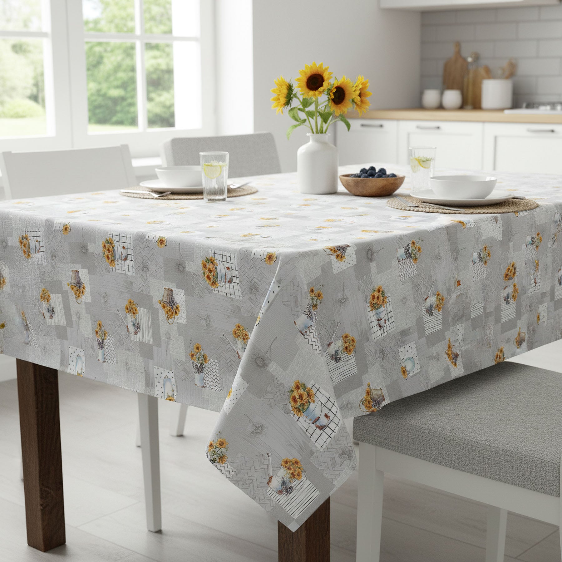 Levně Ubrus PVC s textilním podkladem 1247-2, slunečnice v konvičce, šedá, š.140cm (metráž)