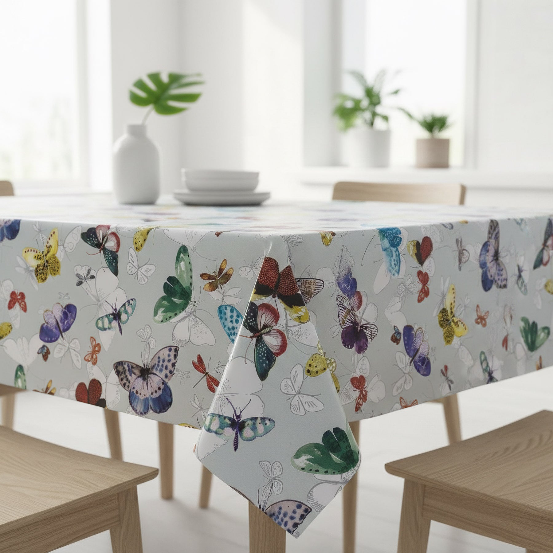 Bonita ubrus PVC s textilním podkladem 170/1, barevní motýli na šedém žíhání, š.140cm (metráž)