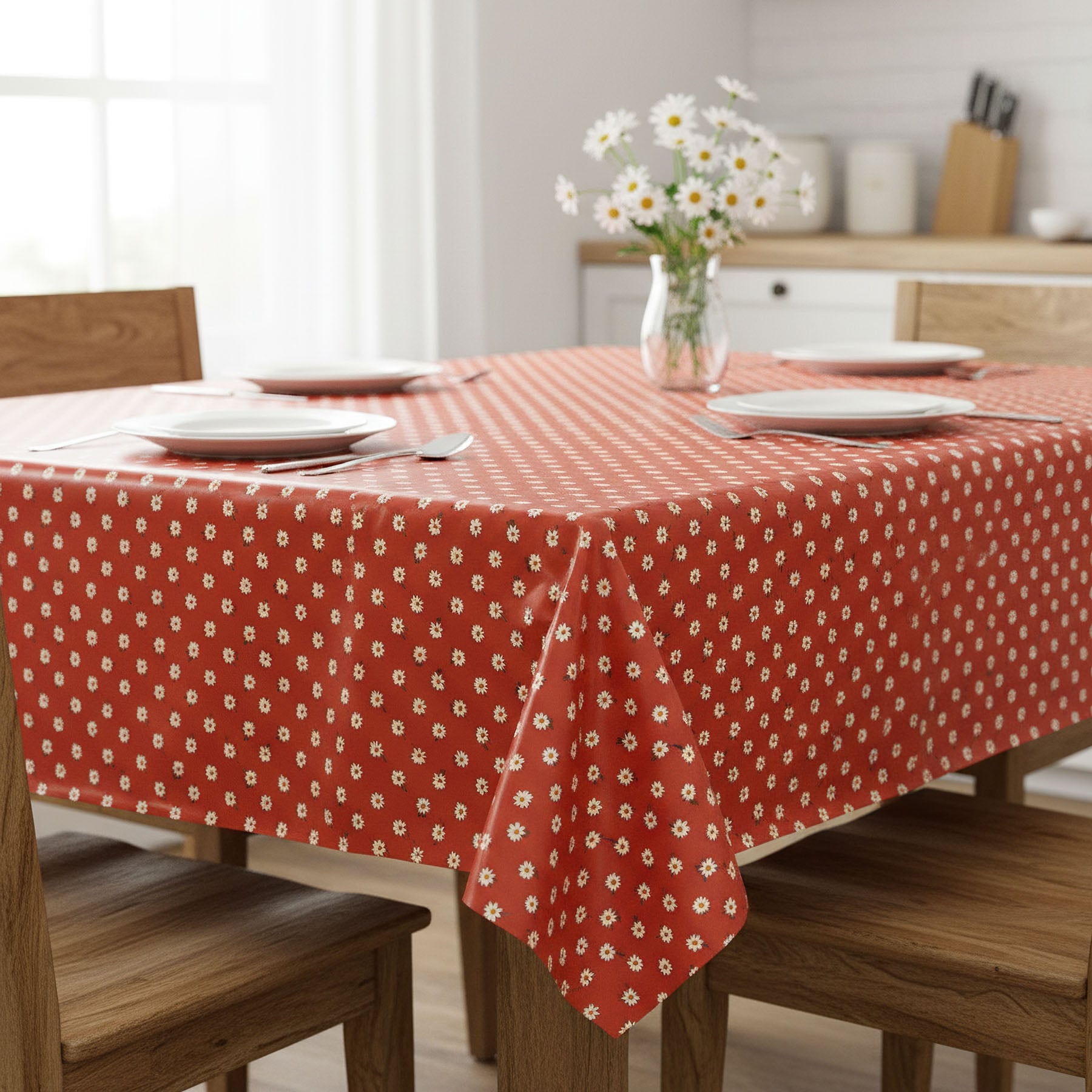 Ubrus PVC s textilním podkladem 1725-02, sedmikrásky na červené, š.140cm (metráž)