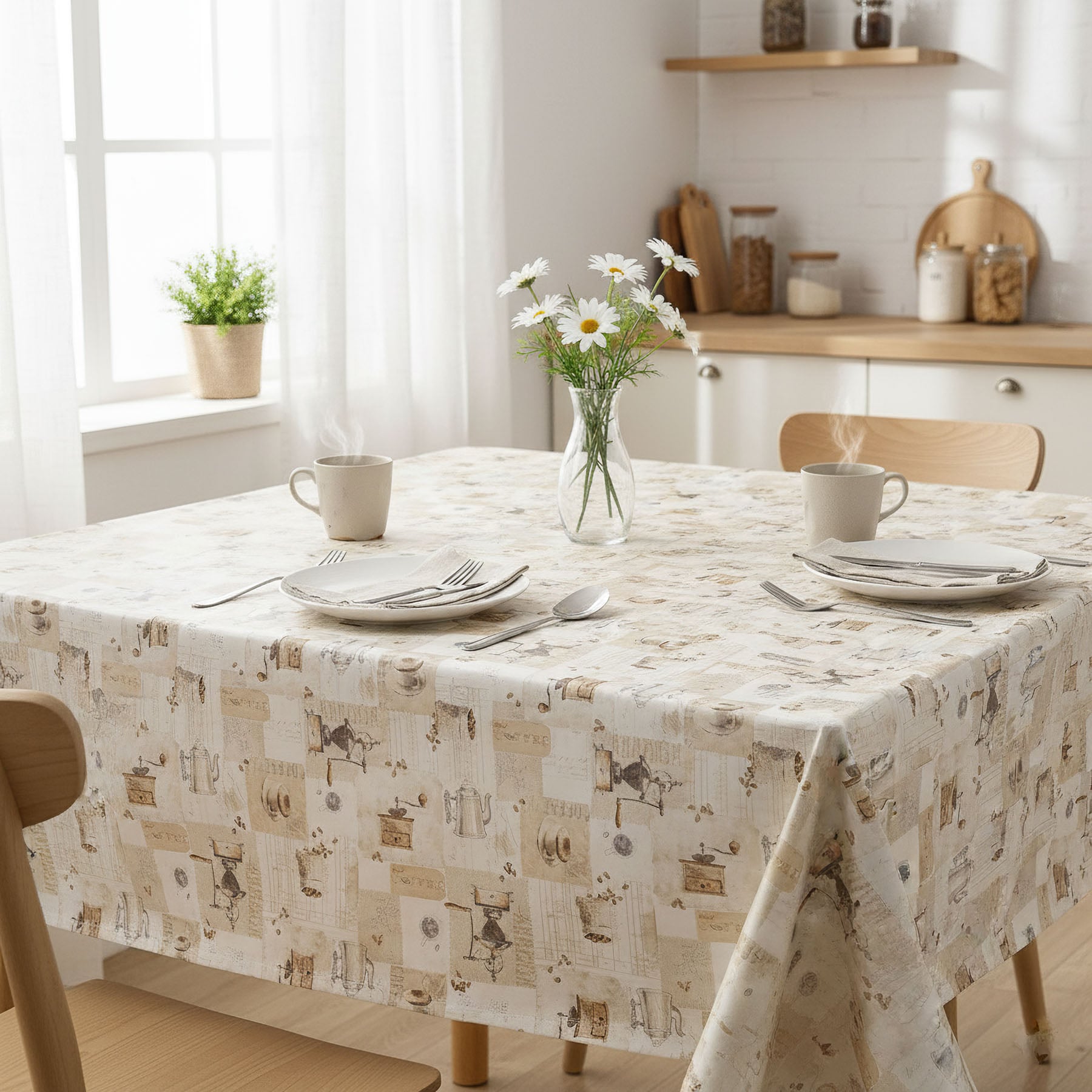 Ubrus PVC s textilním podkladem 3K7/01, mlýnek a káva, béžová, š.140cm (metráž)