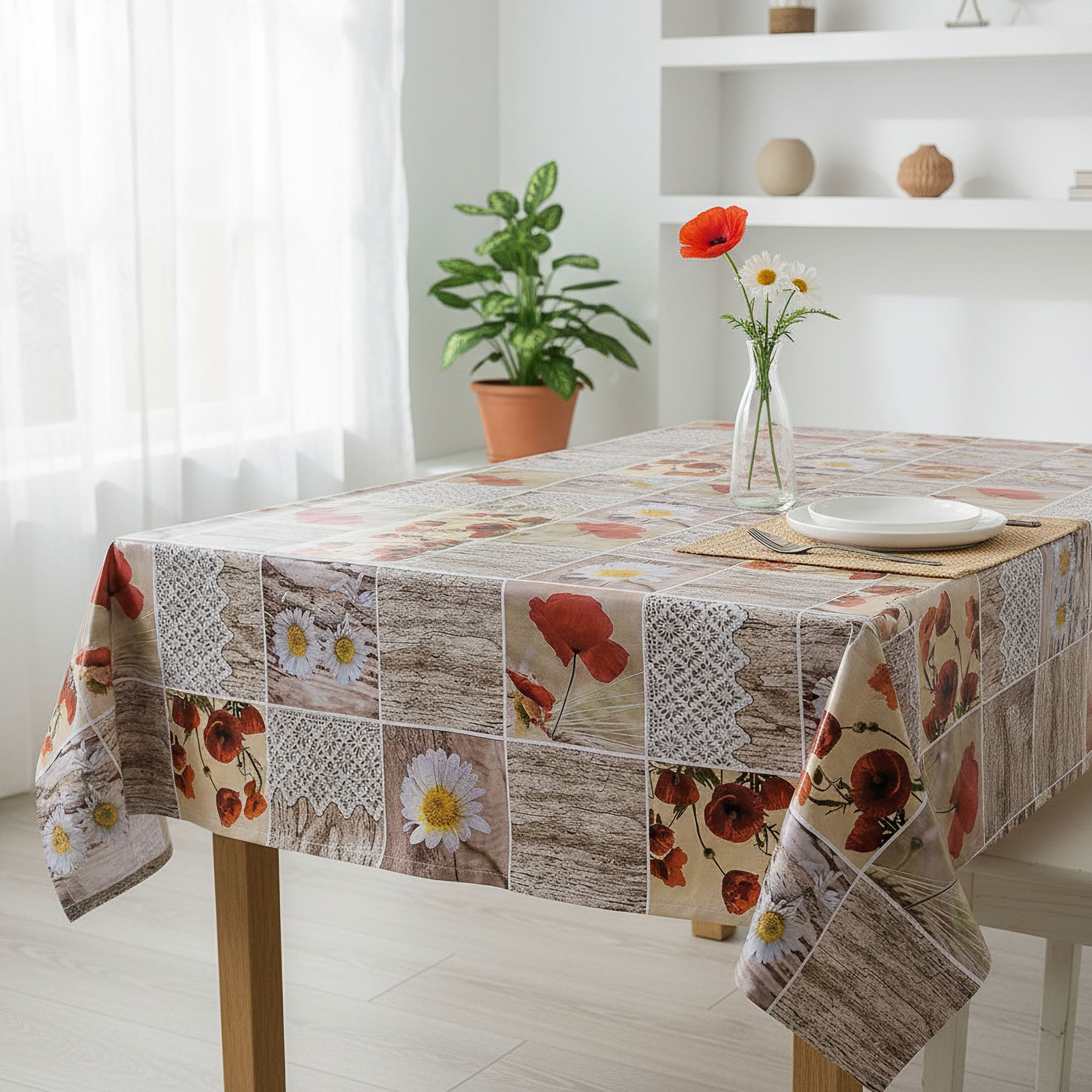 Fantastik ubrus PVC s textilním podkladem 511-1 vlčí máky a krajka na béžovém káru, š.140cm (metráž)