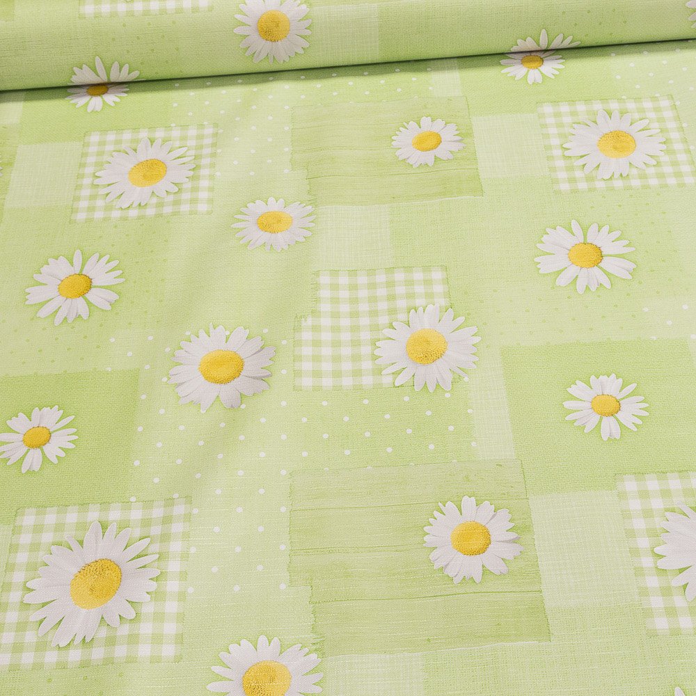 Ergis ubrus PVC s textilním podkladem 5737020, patchwork, kopretiny na zelené, š.140cm (metráž)