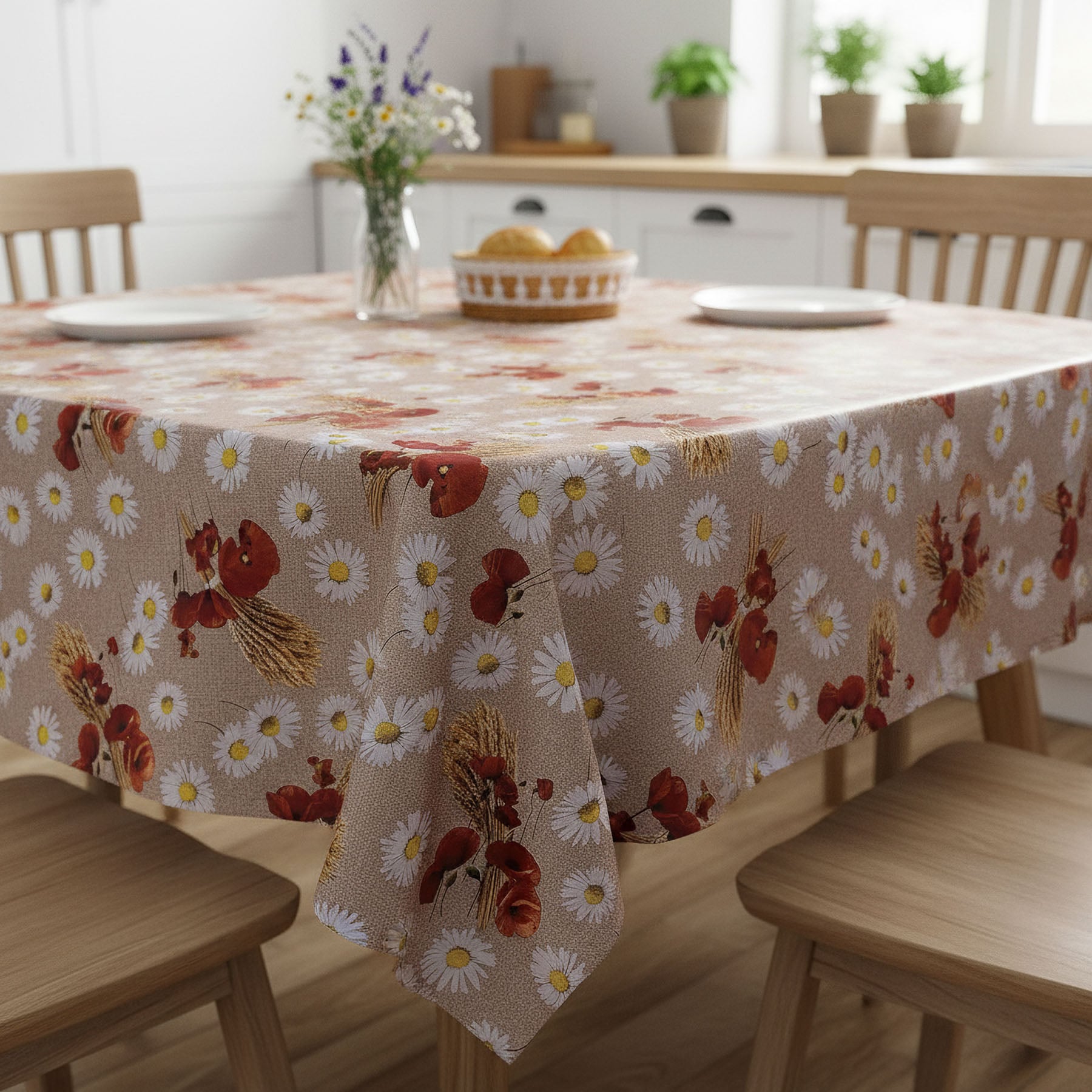 Fantastik ubrus PVC s textilním podkladem 605-1 vlčí máky a kopretiny na režné pytlovině, š.140cm (metráž)