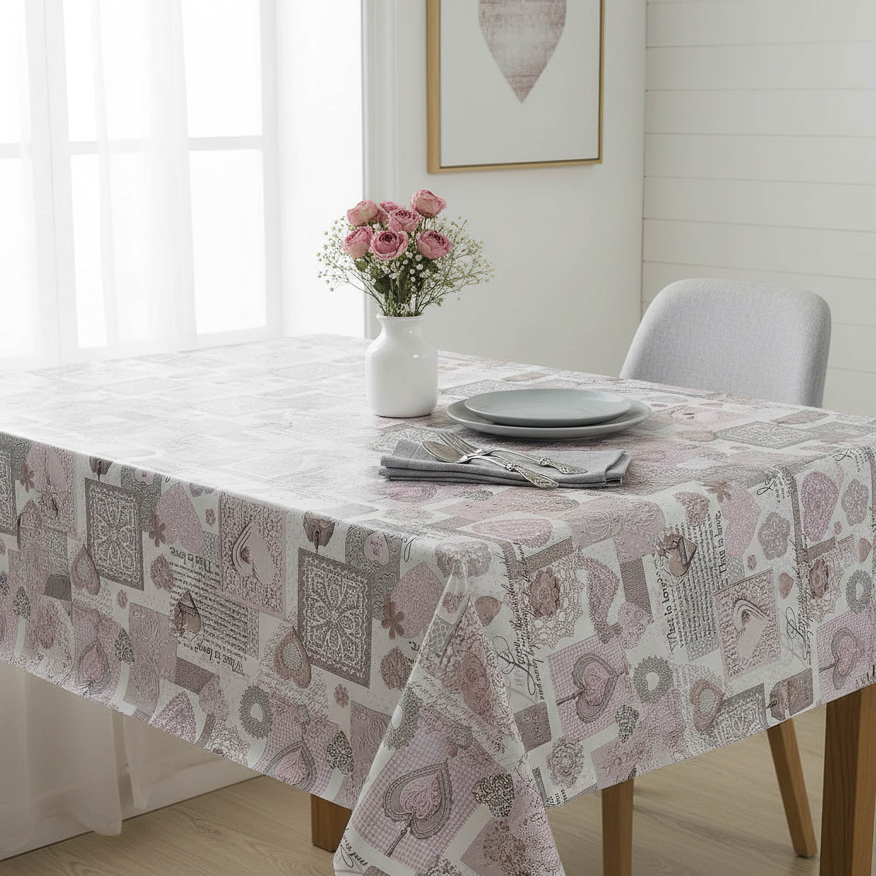 RexDeco ubrus PVC s textilním podkladem 606-2, krajka a srdce, starorůžová, š.140cm (metráž)