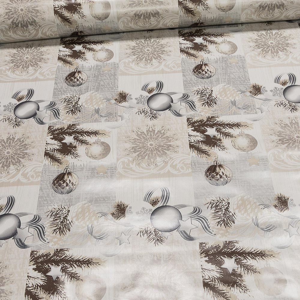 RexDeco Ubrus PVC s textilním podkladem 848-3 vánoční, baňky na béžové, š.140cm (metráž)