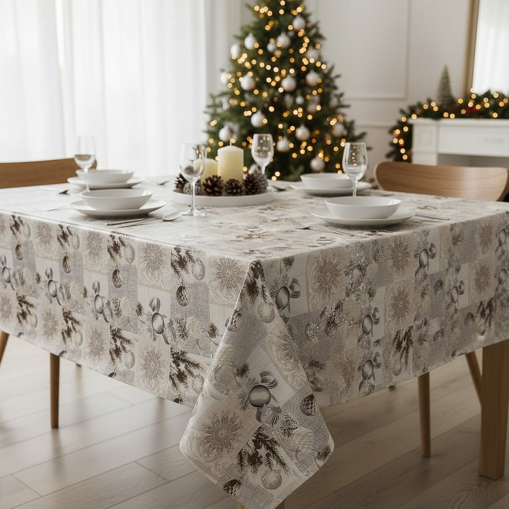 RexDeco Ubrus PVC s textilním podkladem 848-3 vánoční, baňky na béžové, š.140cm (metráž)