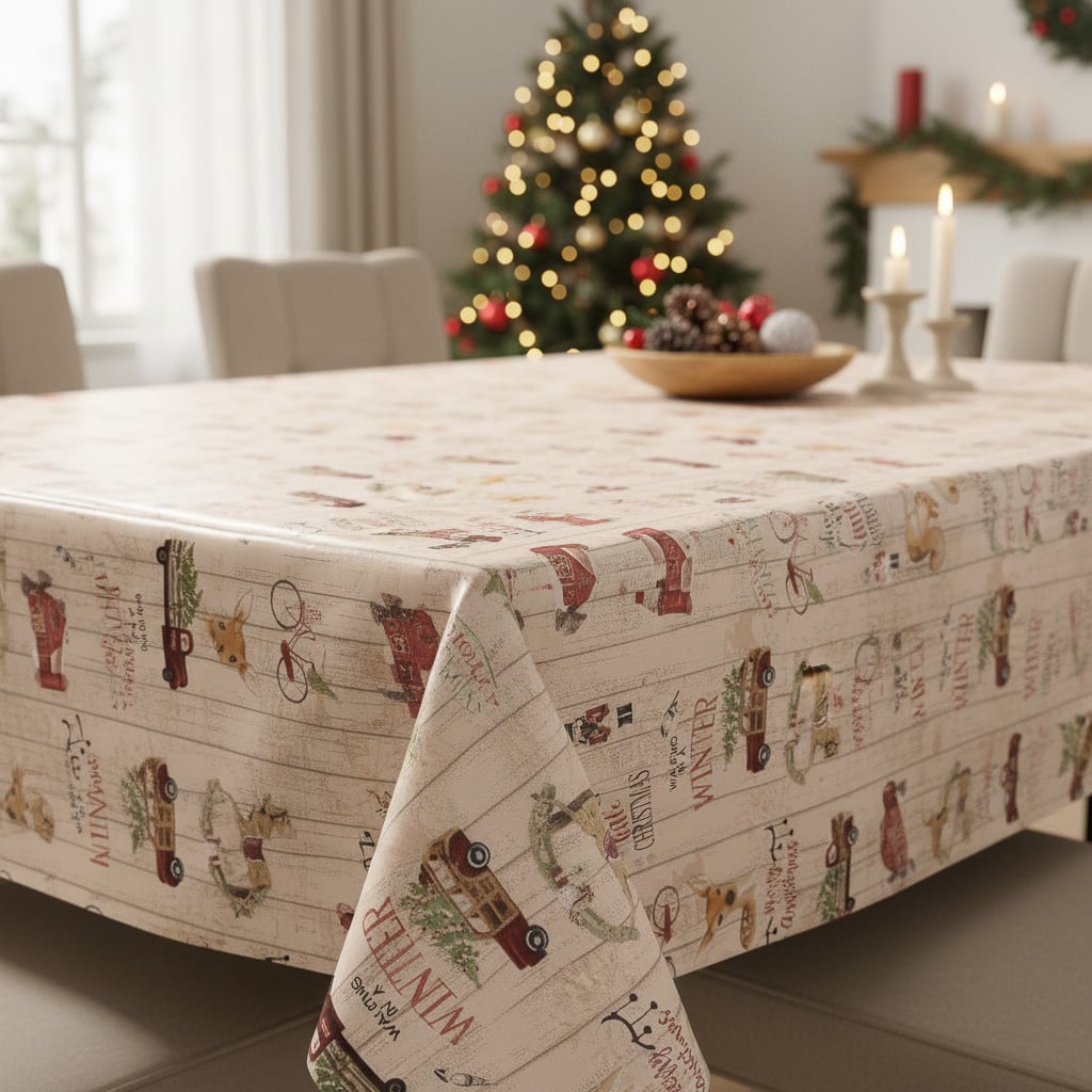 Kolaříková Ubrus PVC s textilním podkladem vánoční N5L/01 vánoční motivy na prknech, béžová š.140cm (metráž)