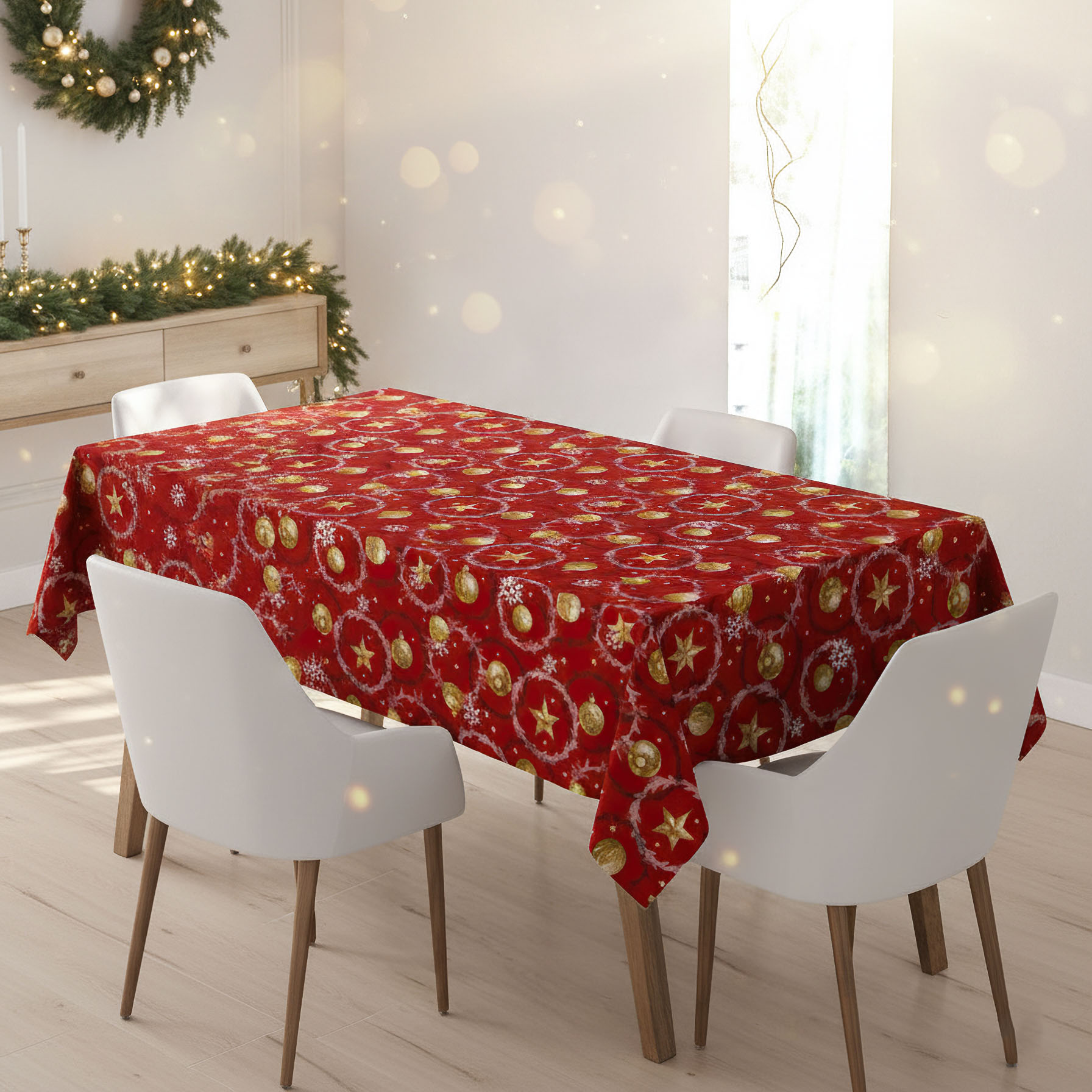 Sareha ubrus PVC s textilním podkladem vánoční 1265-1, vánoční zlaté baňky na červené, š.140cm (metráž)