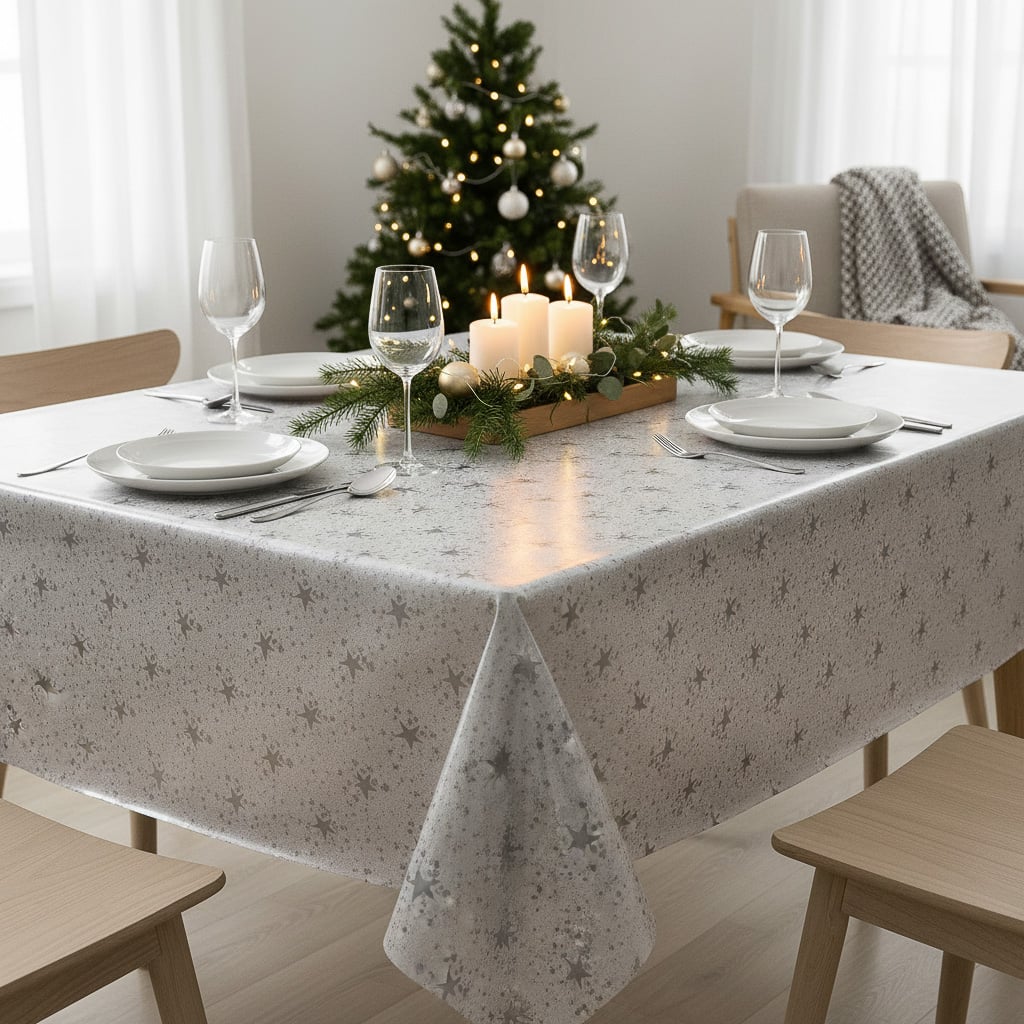 Fantastik ubrus PVC s textilním podkladem vánoční 226/2 stříbrné hvězdy na bílé, š.140cm (metráž), š.140cm (metráž)