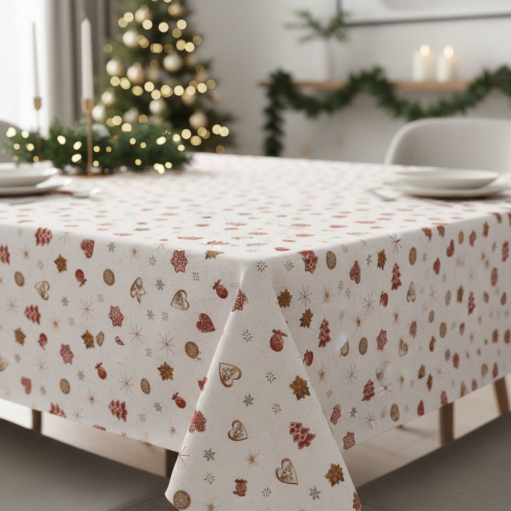 Ubrus PVC s textilním podkladem vánoční 5742410 perníčky a vločky na smetanové, š.140cm (metráž)