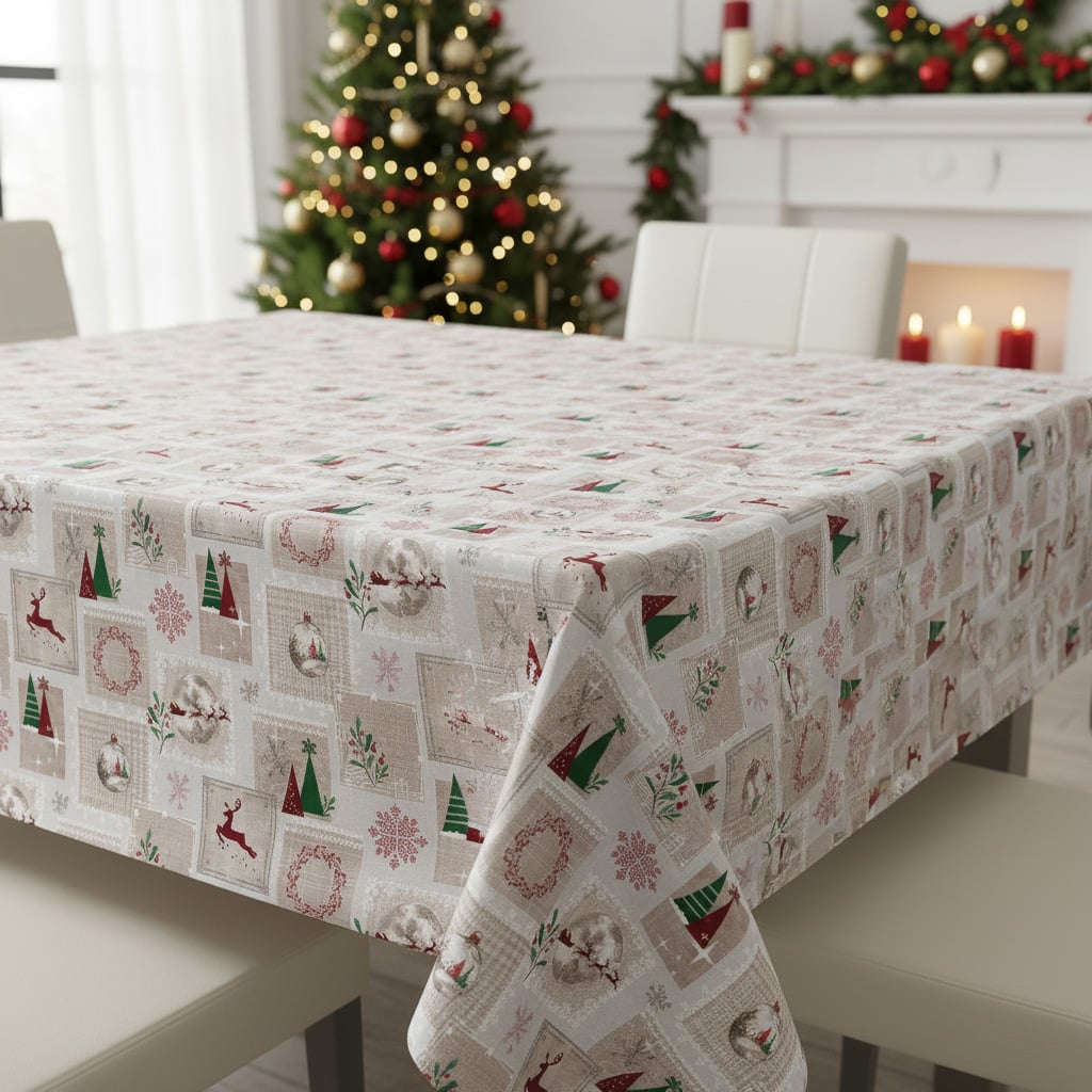 Sareha ubrus PVC s textilním podkladem vánoční 6352-01, vánoční kouzlo na béžové, š.140cm (metráž)