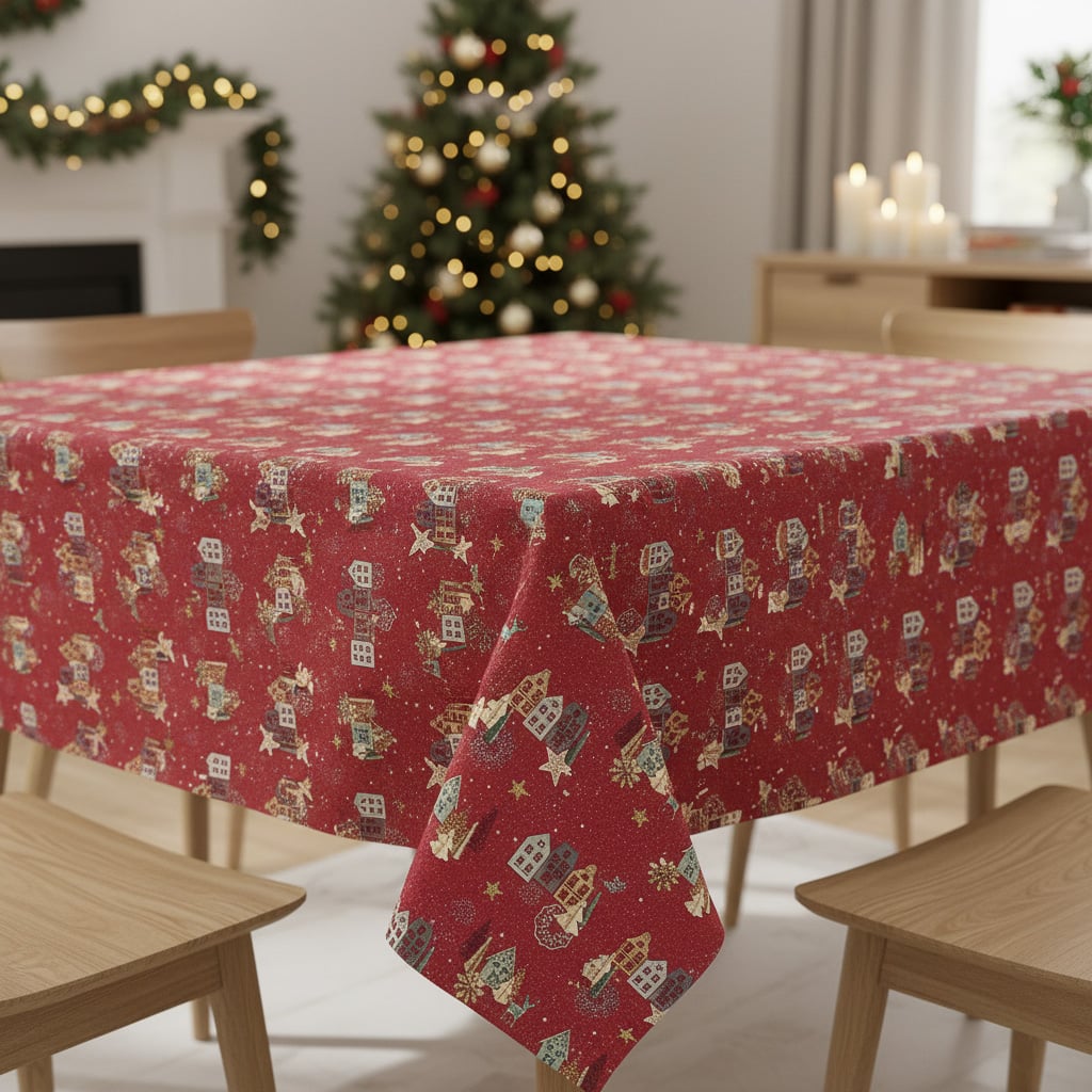 Sareha ubrus PVC s textilním podkladem vánoční 6378-04, vánoční zlatá vesnička na červené, š.140cm (metráž)