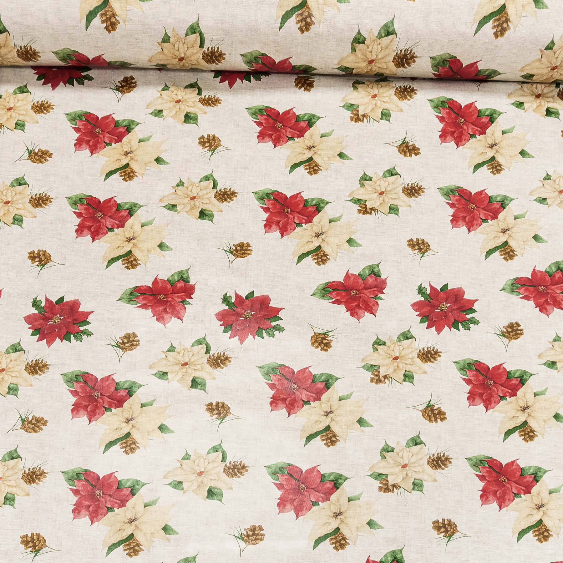 Kubík ubrus PVC s textilním podkladem vánoční N49/01 béžová a červená vánoční růže, š.140cm (metráž)