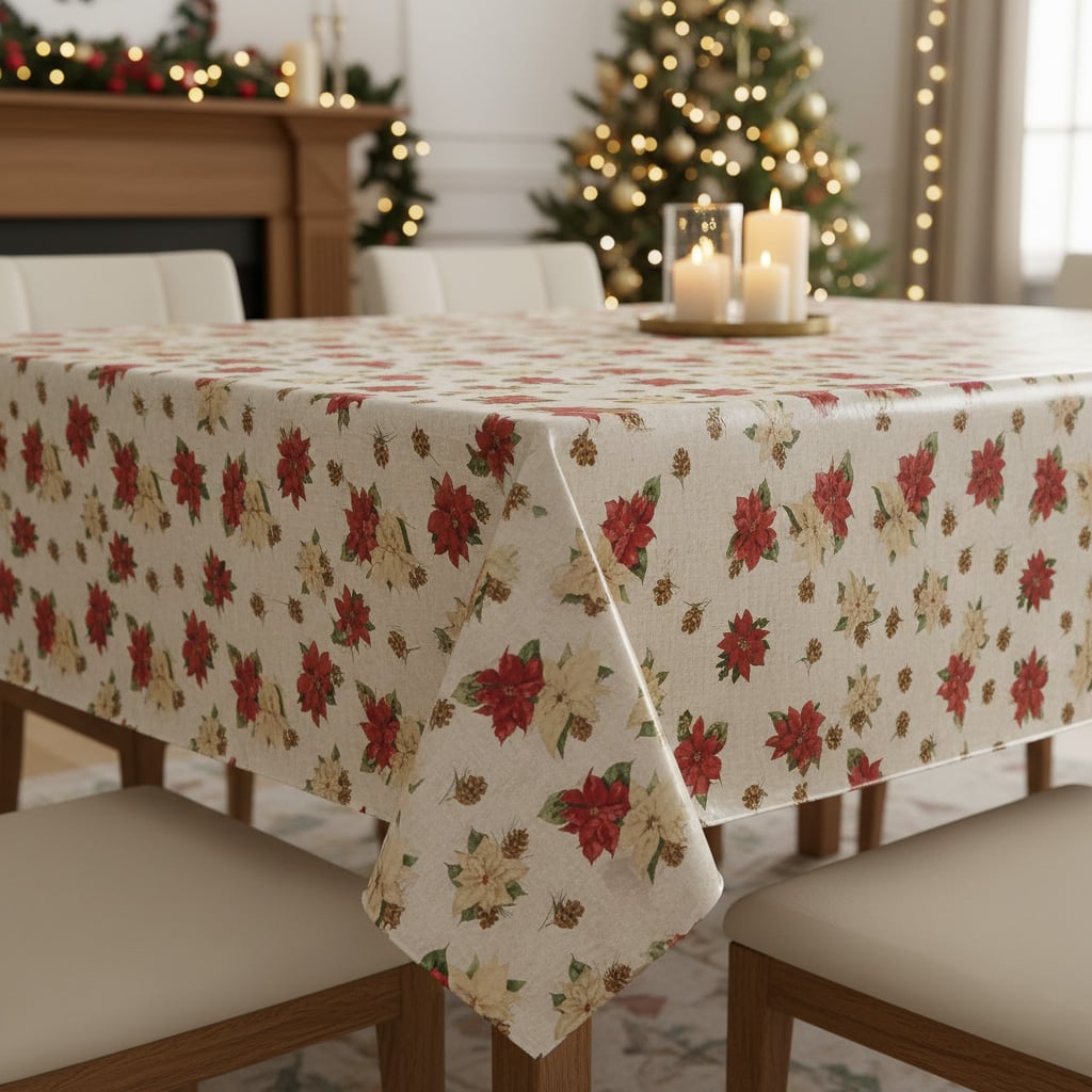 Kubík ubrus PVC s textilním podkladem vánoční N49/01 béžová a červená vánoční růže, š.140cm (metráž)