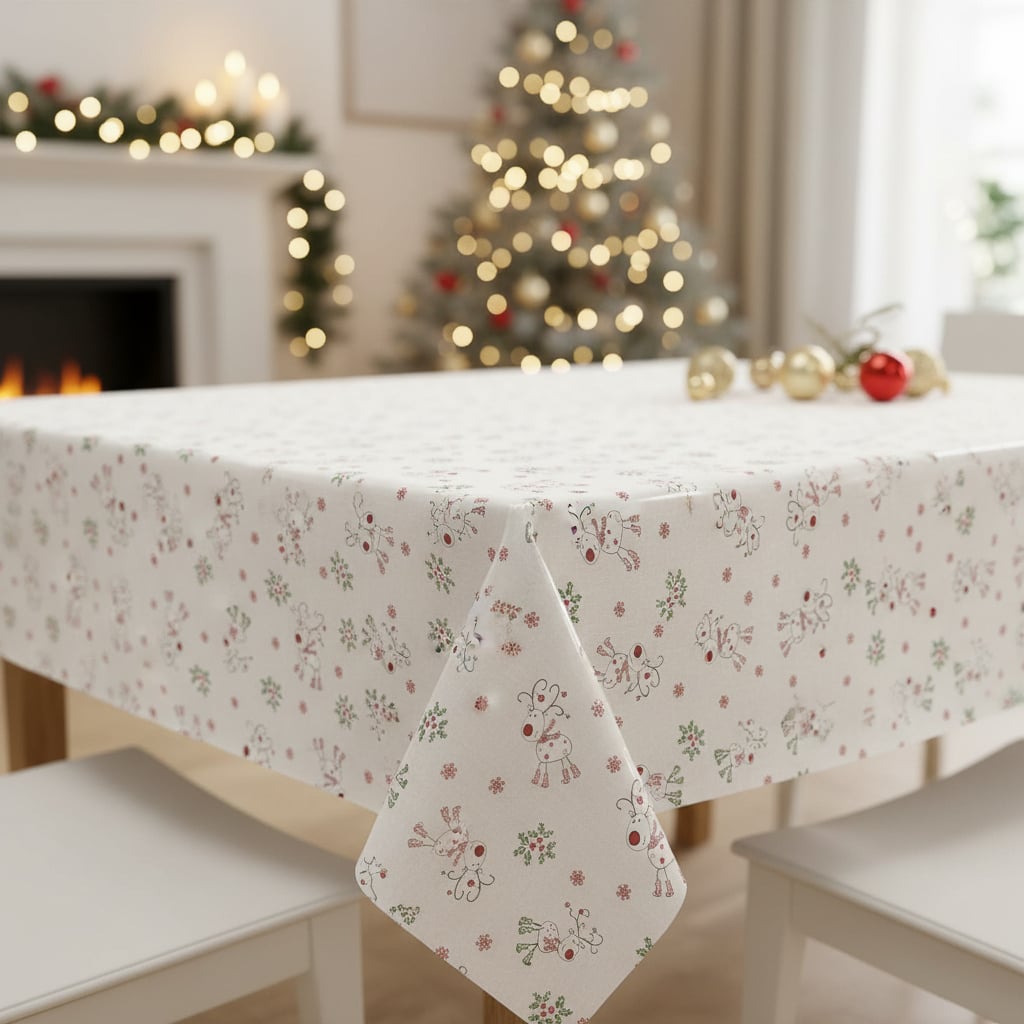 Kubík ubrus PVC s textilním podkladem vánoční N4B/01 sobíci na béžovém žíhání, š.140cm (metráž)