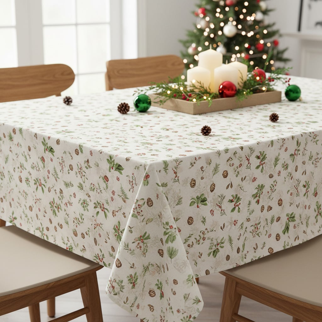 Kubík ubrus PVC s textilním podkladem vánoční N5R/01 šišky na krémovém pozadí s vločkami, š.140cm (metráž)