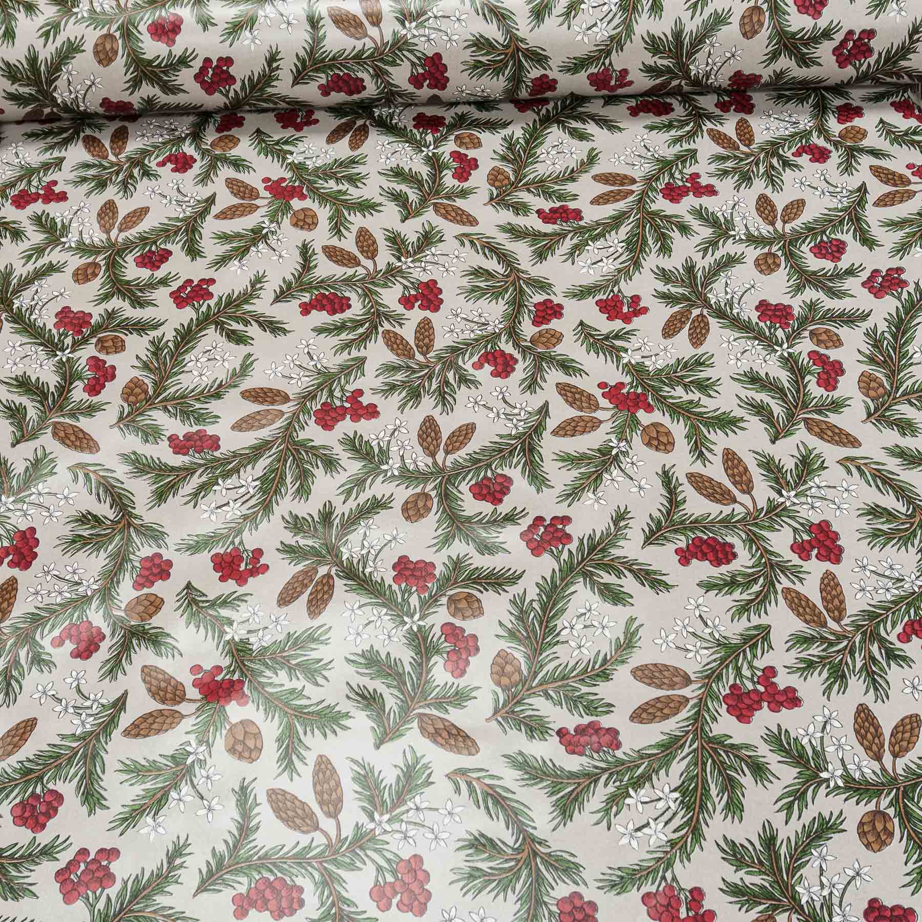 Kubík ubrus PVC s textilním podkladem vánoční N5U/01 šišky s jehličím na šedé, š.140cm (metráž)