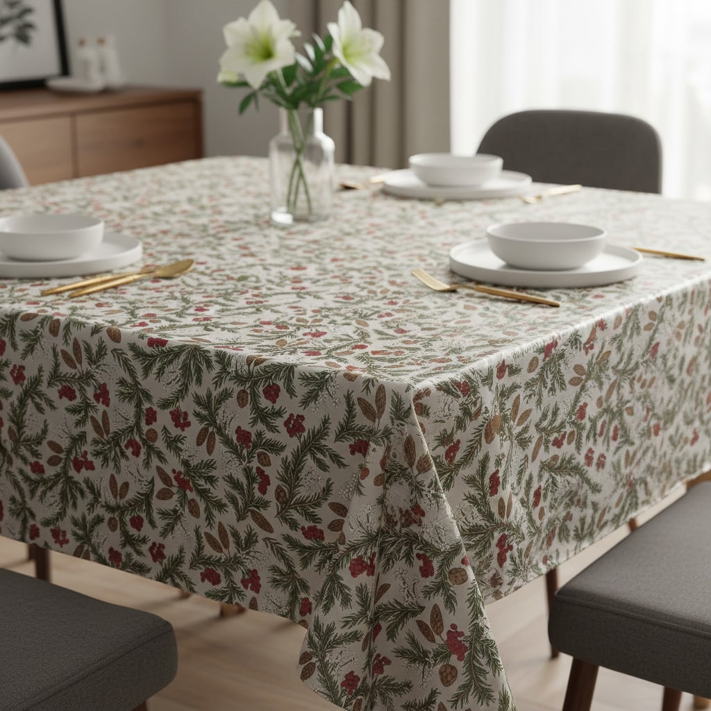 Kubík ubrus PVC s textilním podkladem vánoční N5U/01 šišky s jehličím na šedé, š.140cm (metráž)